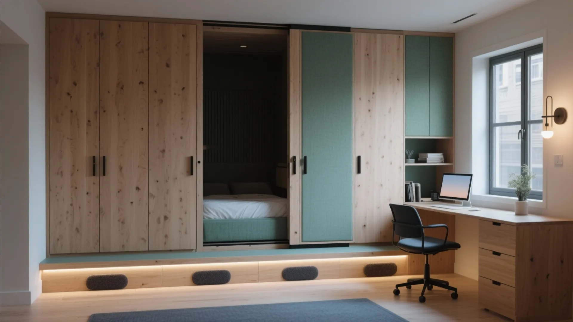 Modern studio apartment with wood cabinets hidden bed desk black chair window and wall light