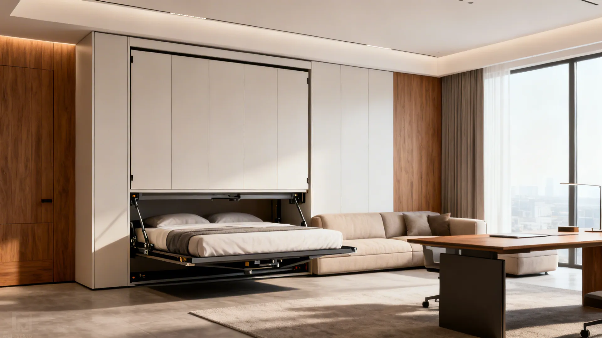 2. Wall-mounted fold-down bed (Murphy style)