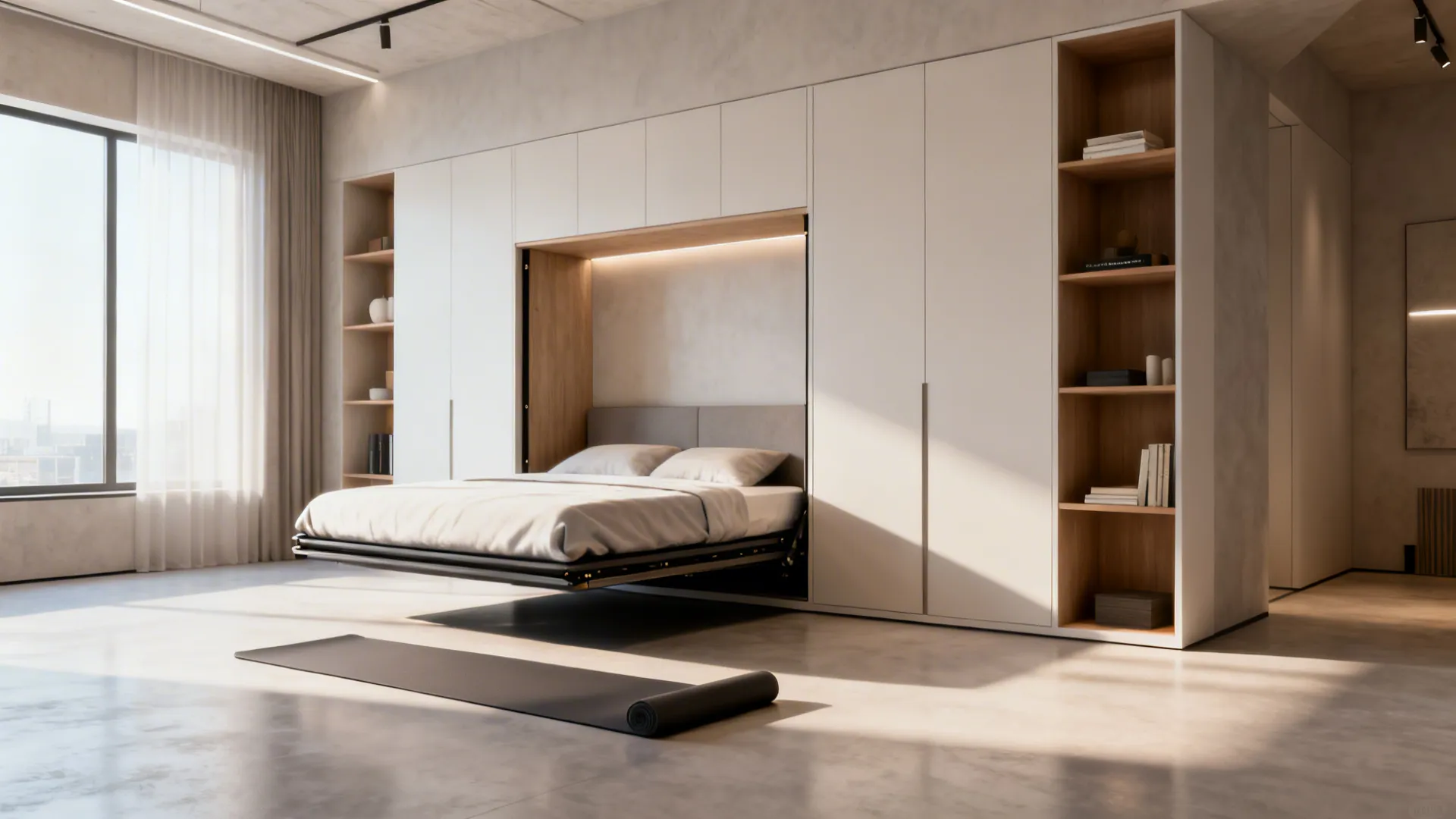 Studio room with a fold-up Murphy full-size bed stowed into a wall unit, open floor space for yoga.