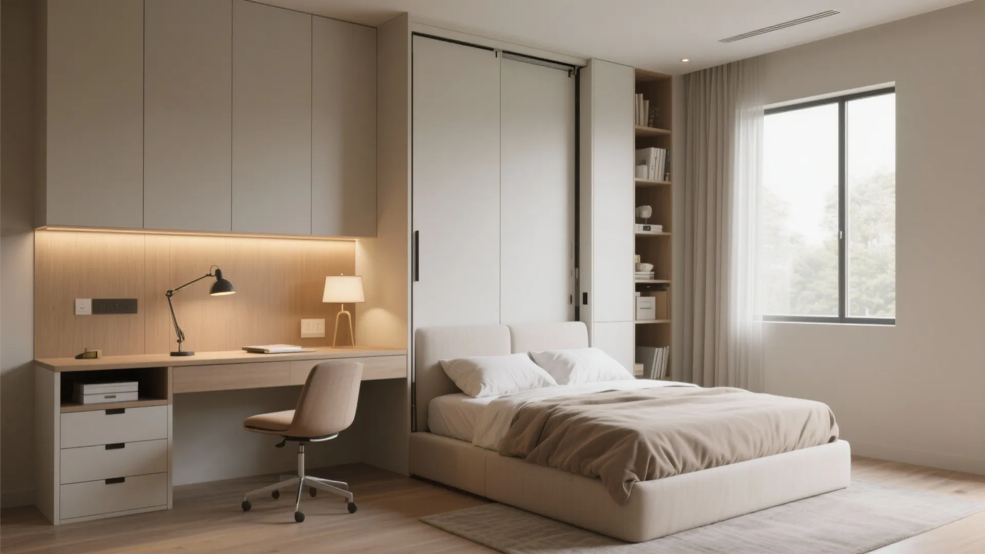 Modern home office and bedroom with wooden desk, office chair, wall bed, and window light