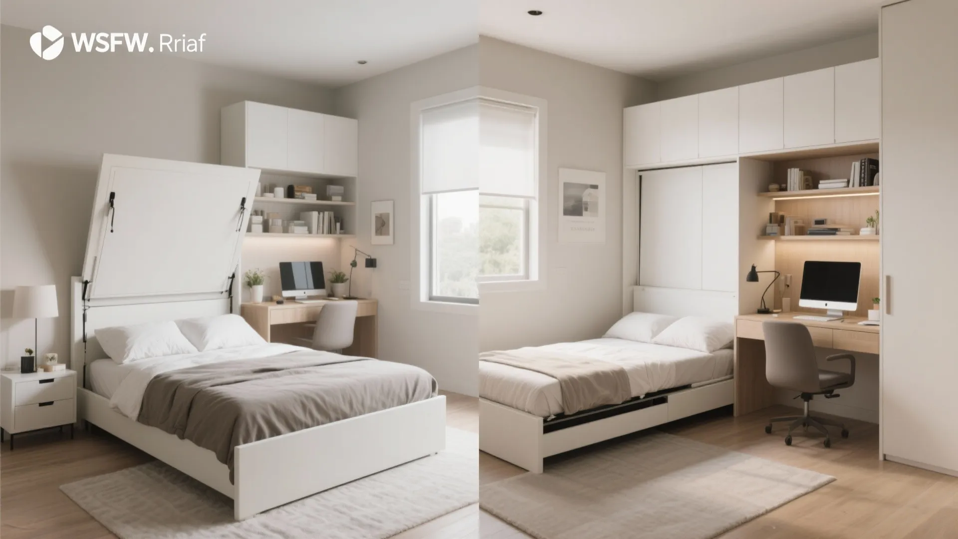 Before and after comparison of a folding wall bed opening next to a small wooden desk