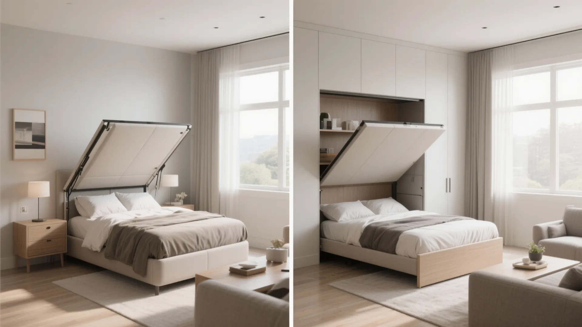 Modern white murphy bed showing how it folds into a wall cabinet to save space