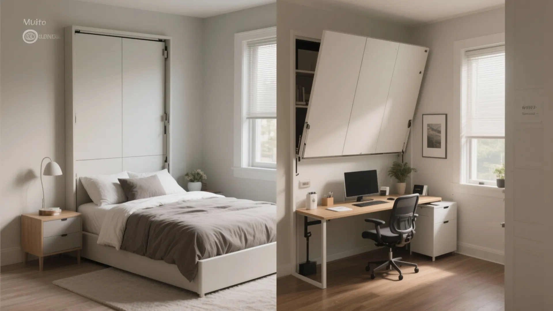 Comparison showing a white wall bed folded down versus a home office desk and chair