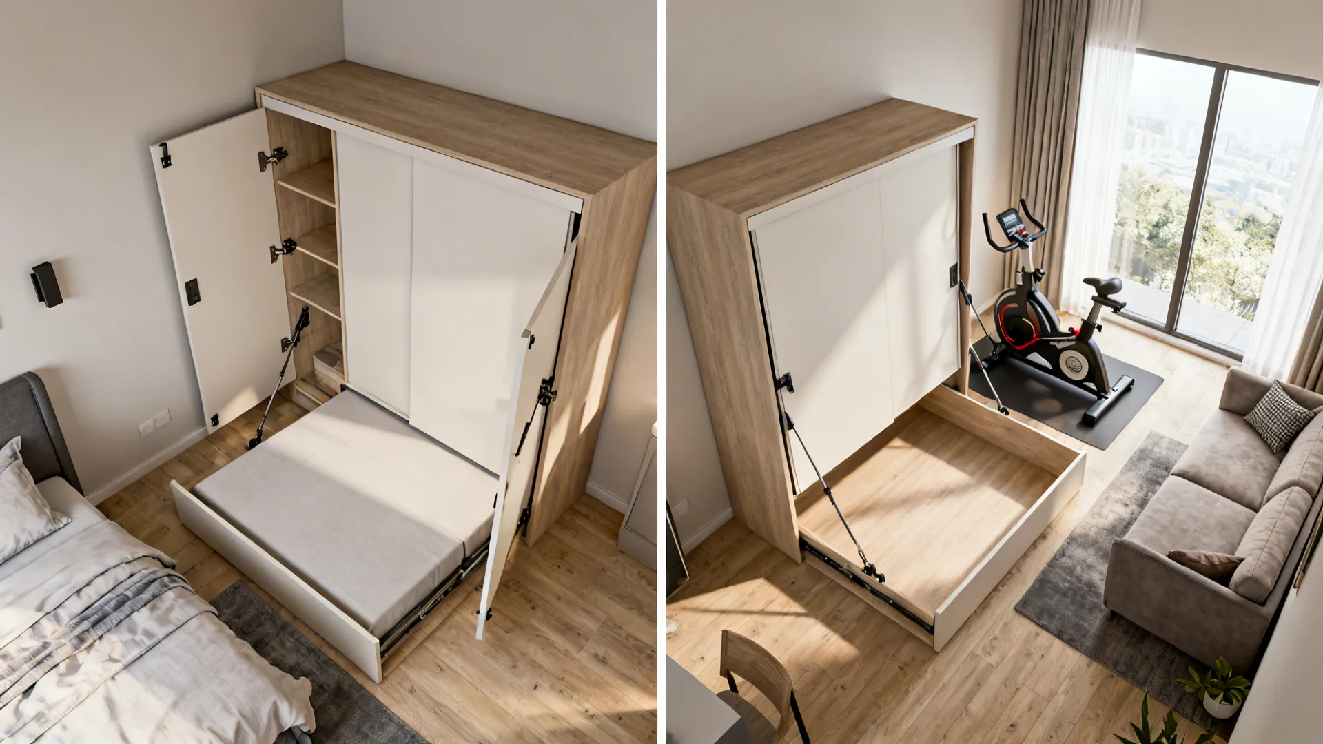 Transformation sequence of a Murphy bed folding up to free floor space for an exercise bike.