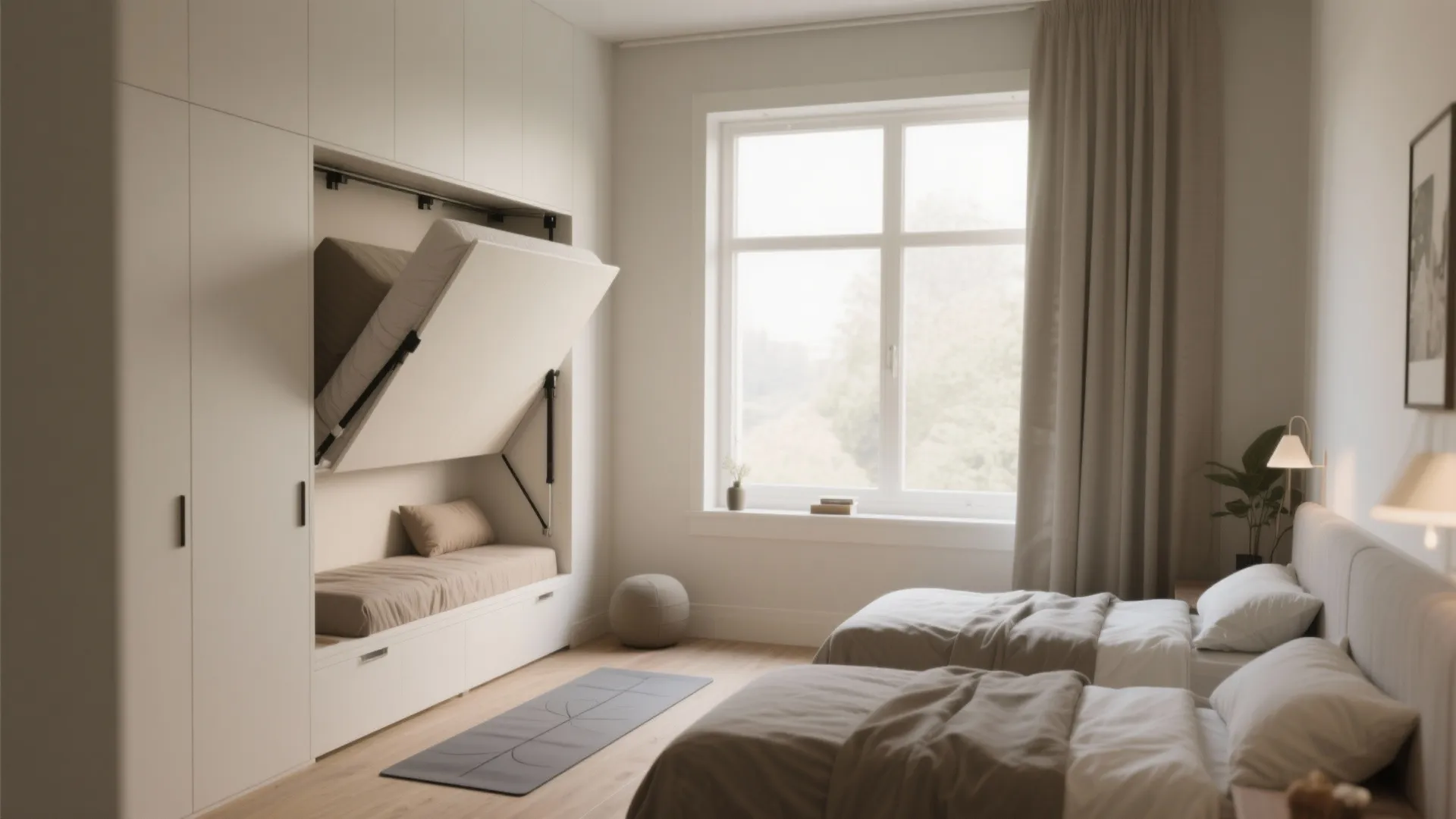 Modern cream bedroom featuring a wall bed being pulled down next to two twin beds