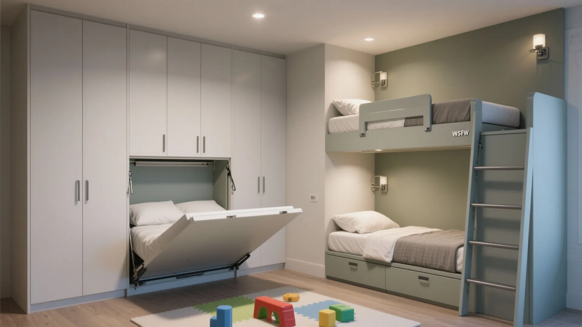 Wall of Murphy beds with one folded up to show open play space and clean cabinetry in a small room.