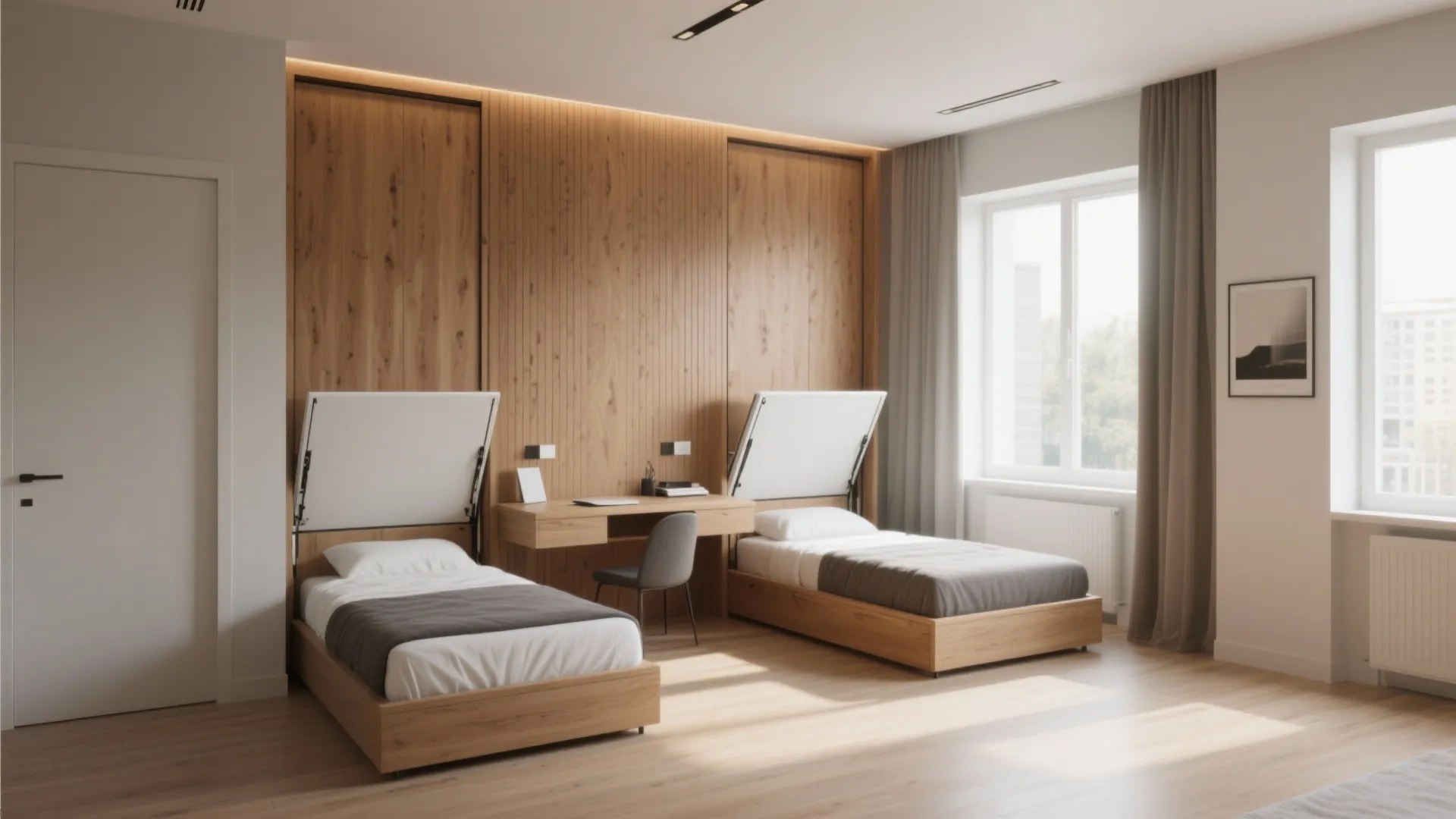 Modern bedroom with two wooden wall beds, central study desk, chair, and bright sunlit window