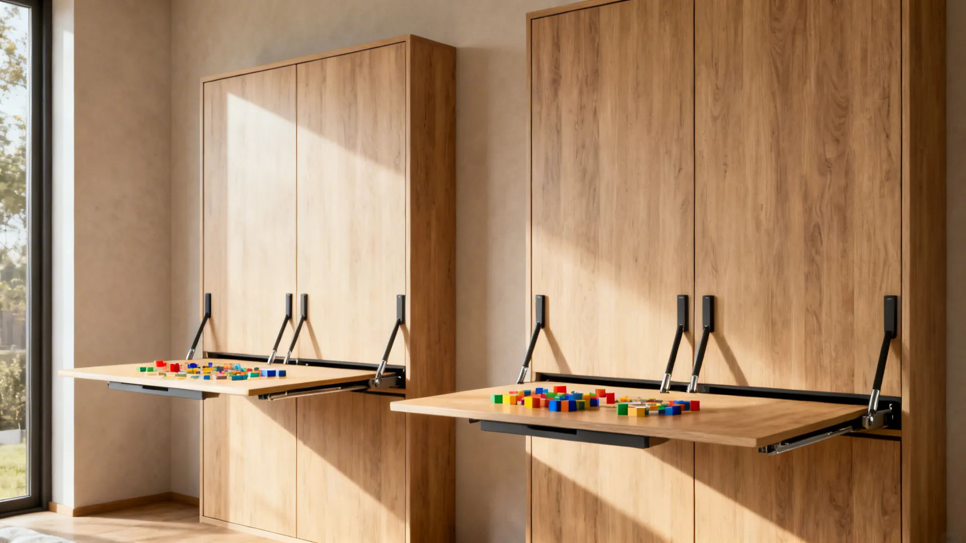 墙挂式翻转床与折叠桌的日间状态，展现高度可变的活动空间与简洁机制