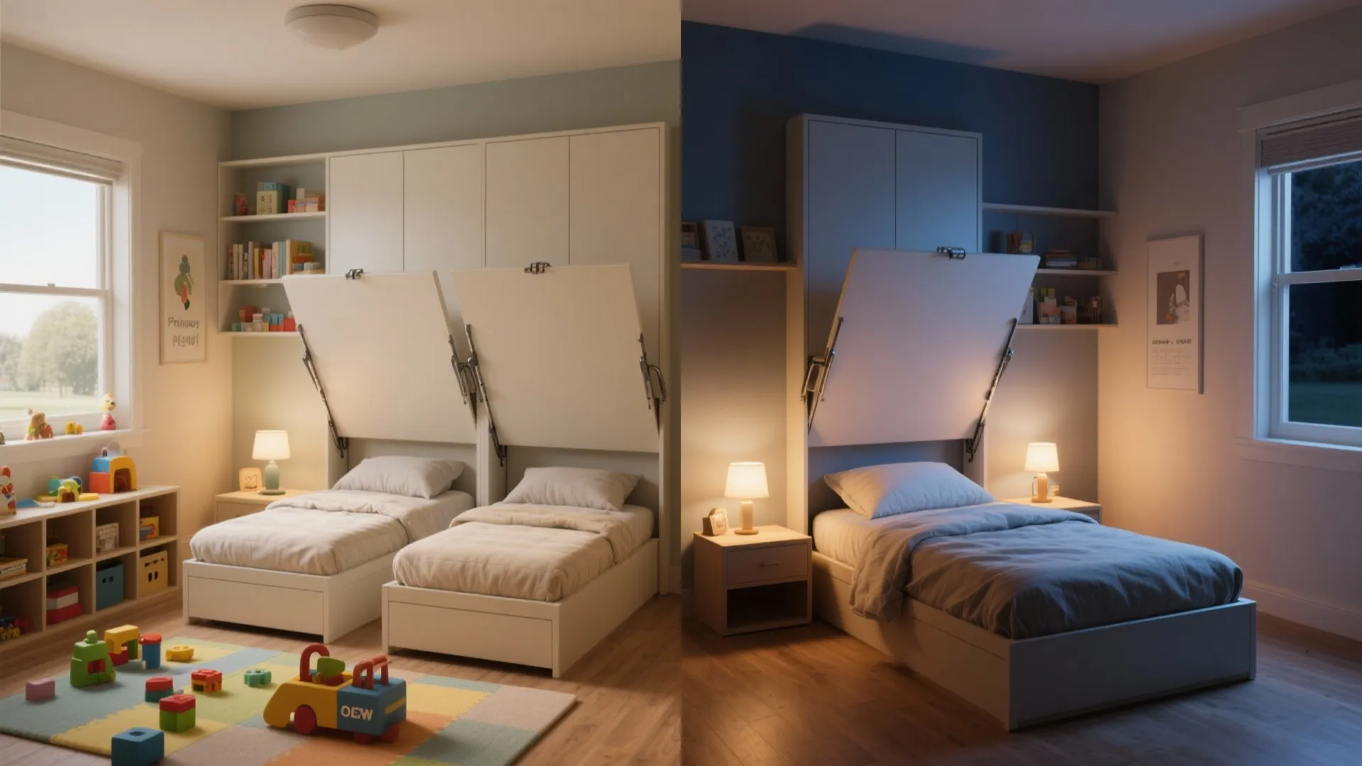 Before and after comparison of kids bedroom showing white folding wall beds during day night
