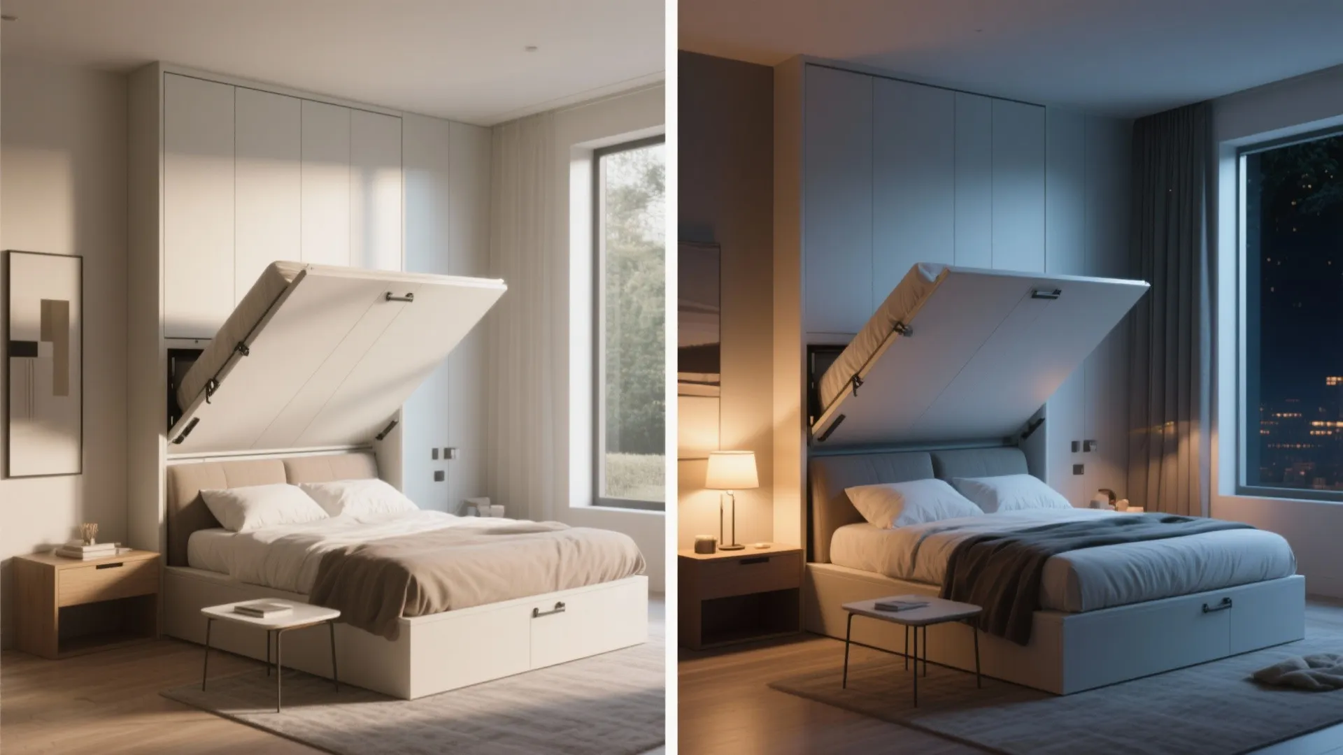 Before-and-after diptych of a Murphy bed folded into a wall cabinet and pulled down into use.