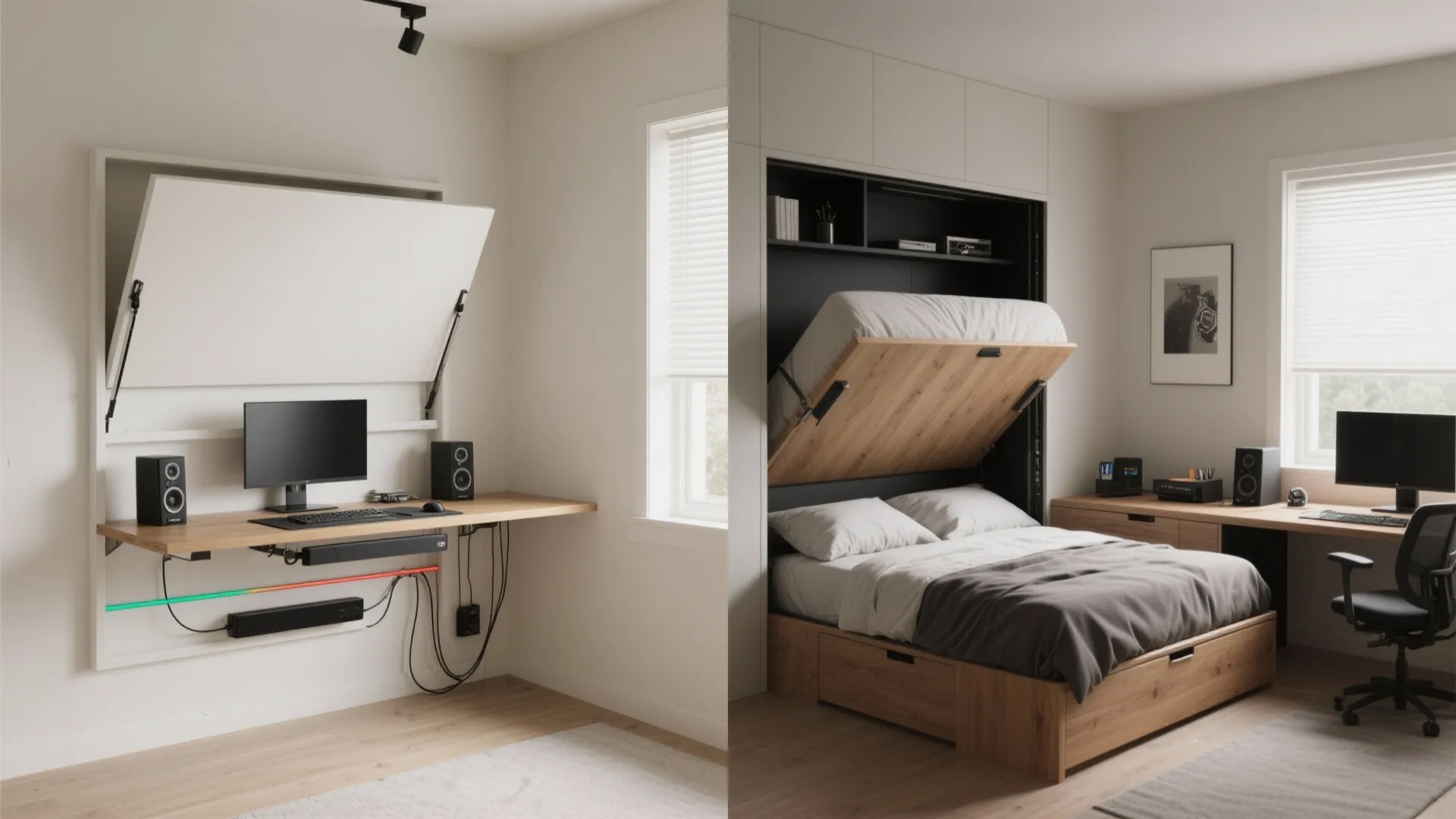 Foldaway Gaming Wall With Murphy Bed and Slim Desk