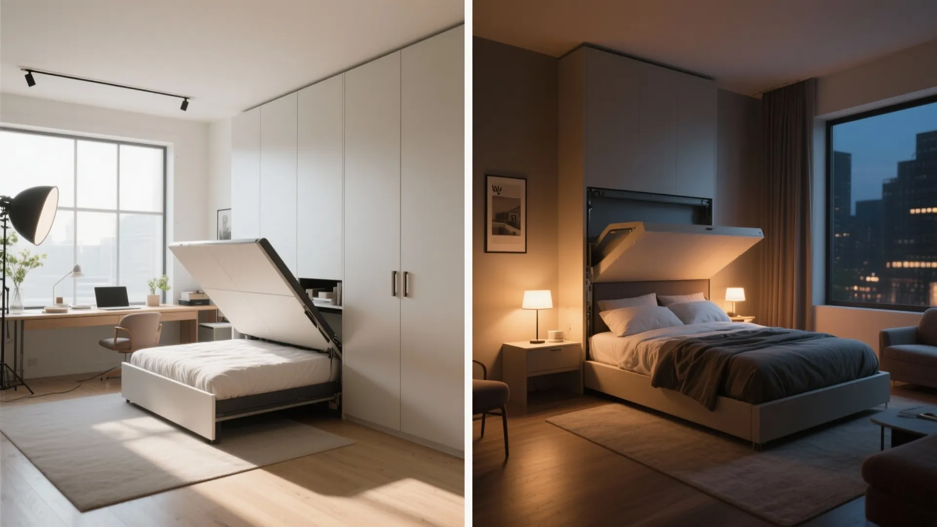Split image showing a Murphy bed folded into a cabinet during the day and pulled down as a bed at night in the same small room.