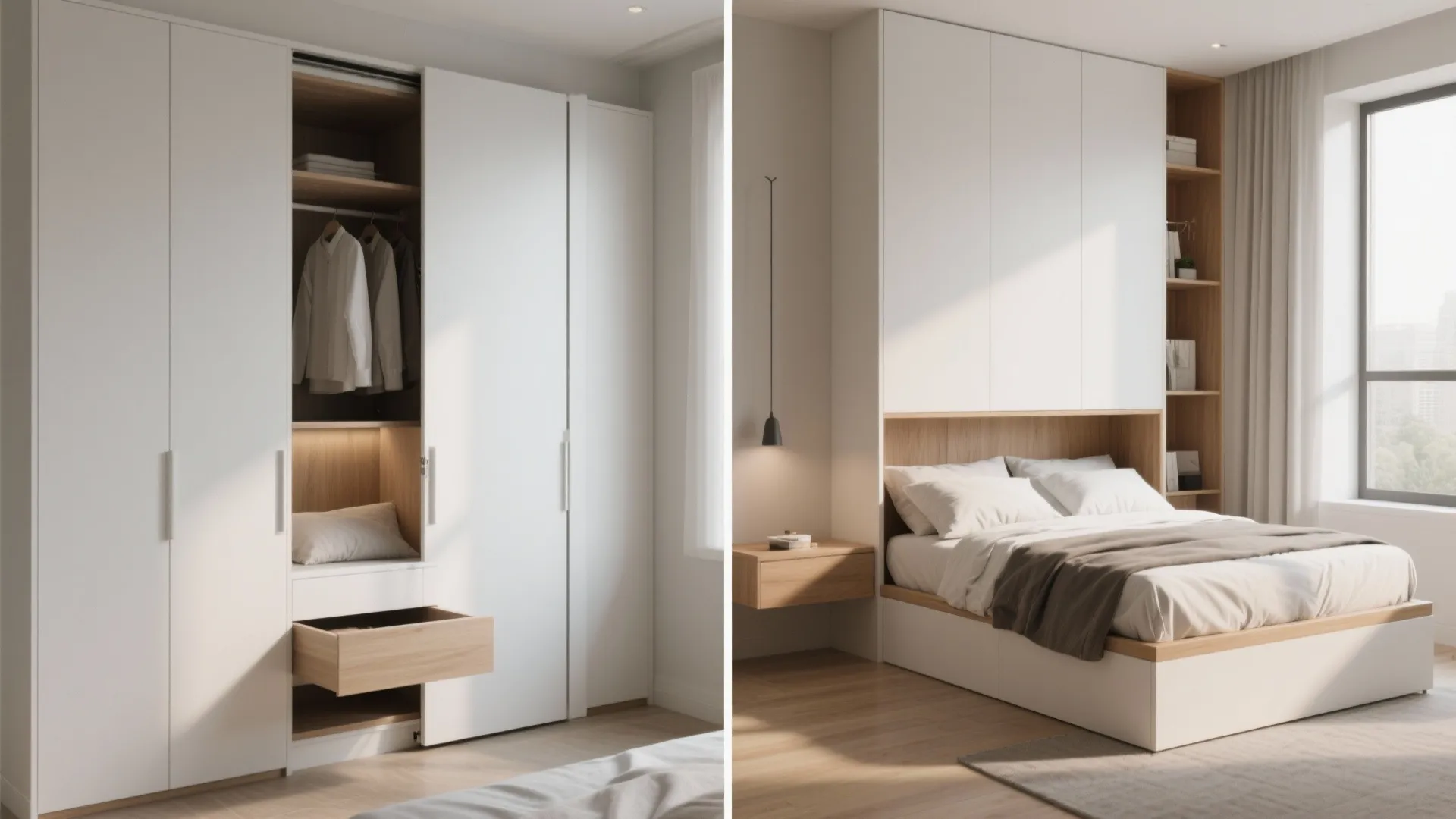 Before-and-after comparison of a white wardrobe storage unit and a hidden bed inside the cabinet
