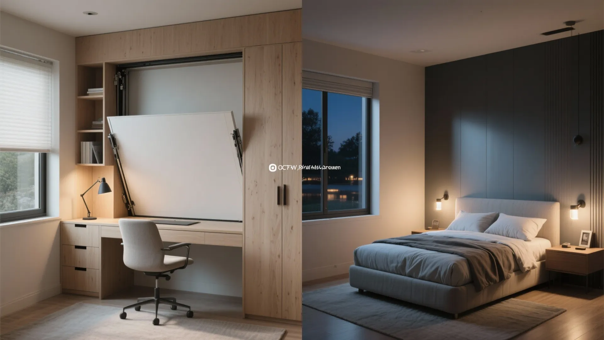 Before and after comparison of a home office desk transforming into a comfortable fold-down bed