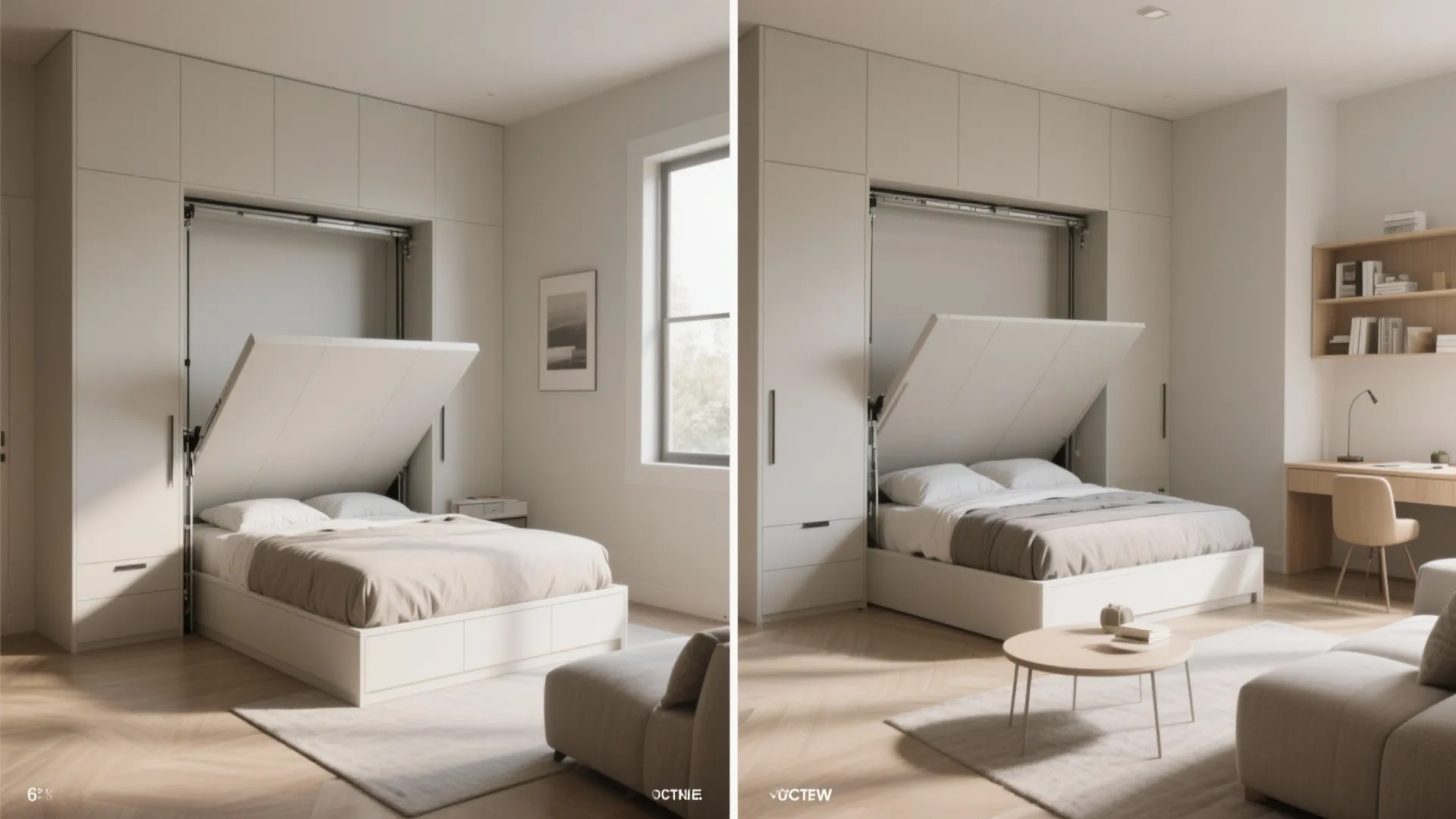 Side by side interior design drawing of white wall bed being opened inside a room