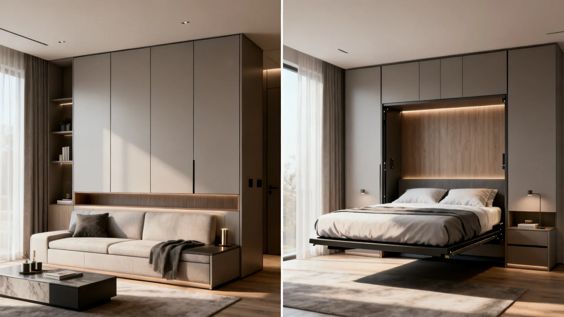 Split view of a cabinet wall closed and a queen Murphy bed open in a small studio layout.