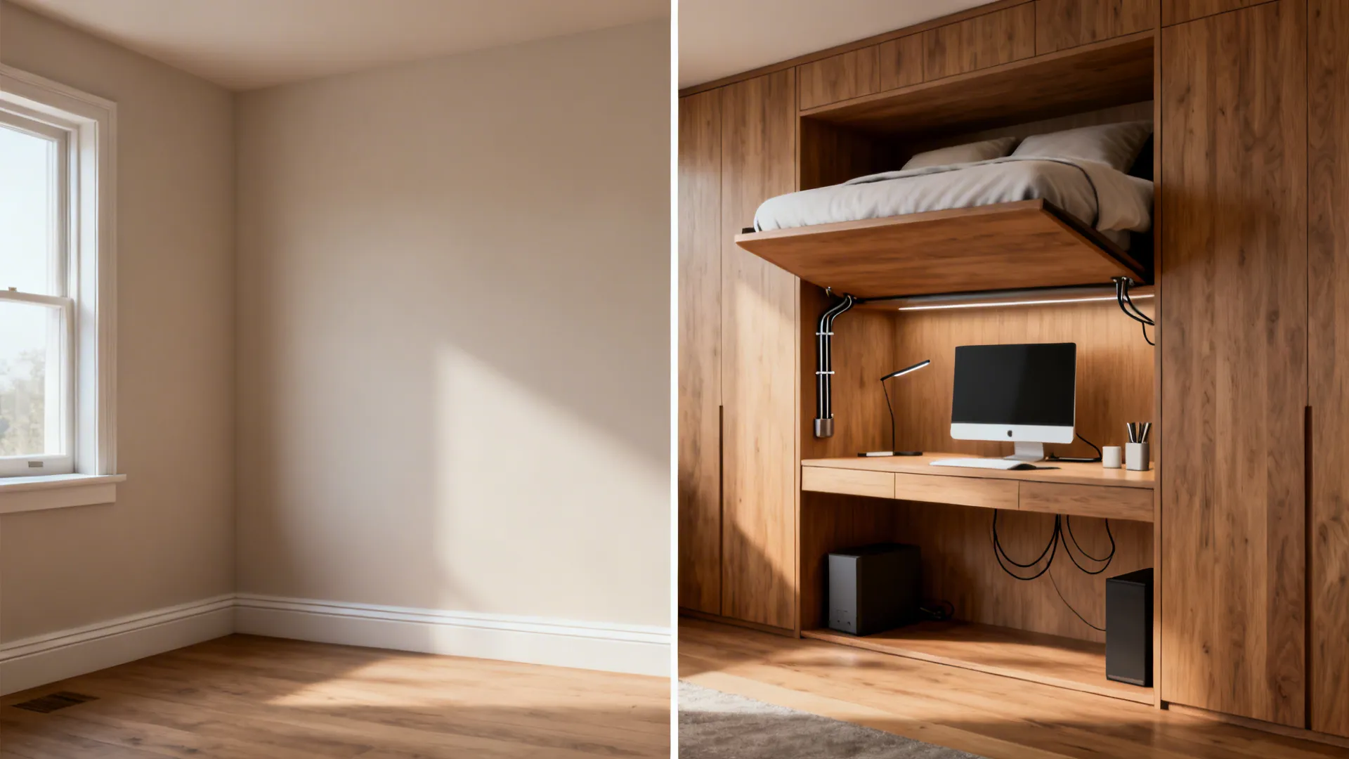 Before and after comparison of empty room versus built in wooden cabinet with desk and bed
