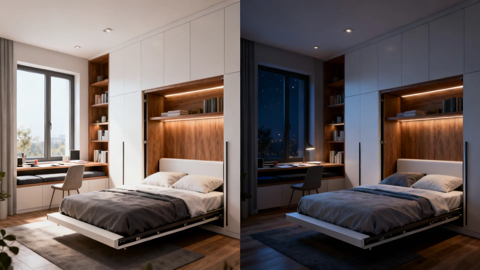 Before-and-after view of Murphy beds folded up by day and down at night.