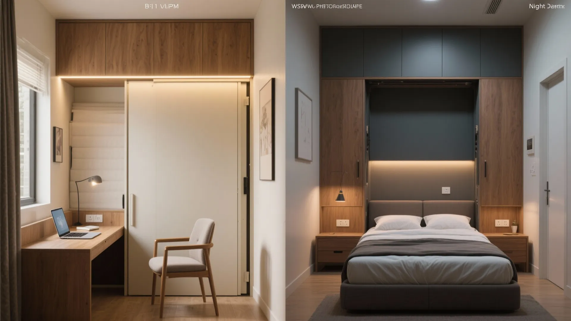 Murphy bed with real storage and a fold-down desk