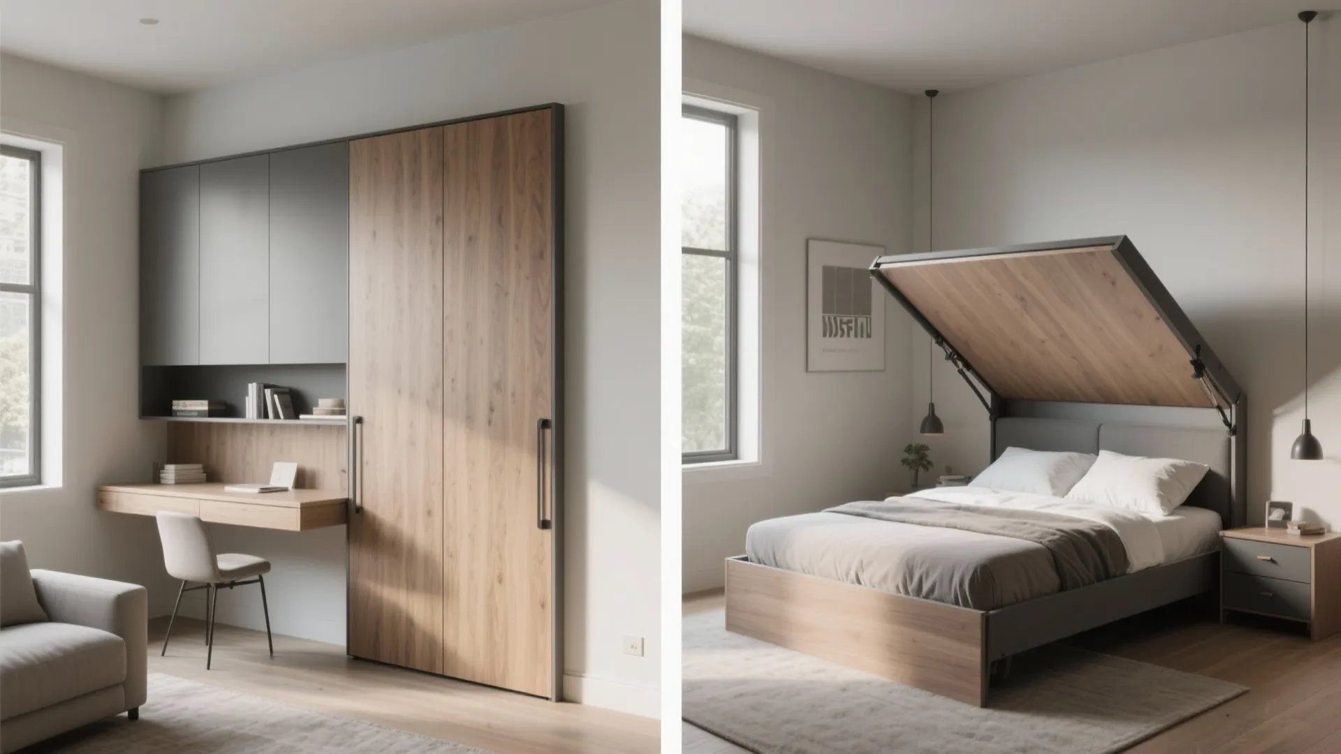 Before and after comparison showing wooden cabinet with desk transforming into a comfortable functional bed