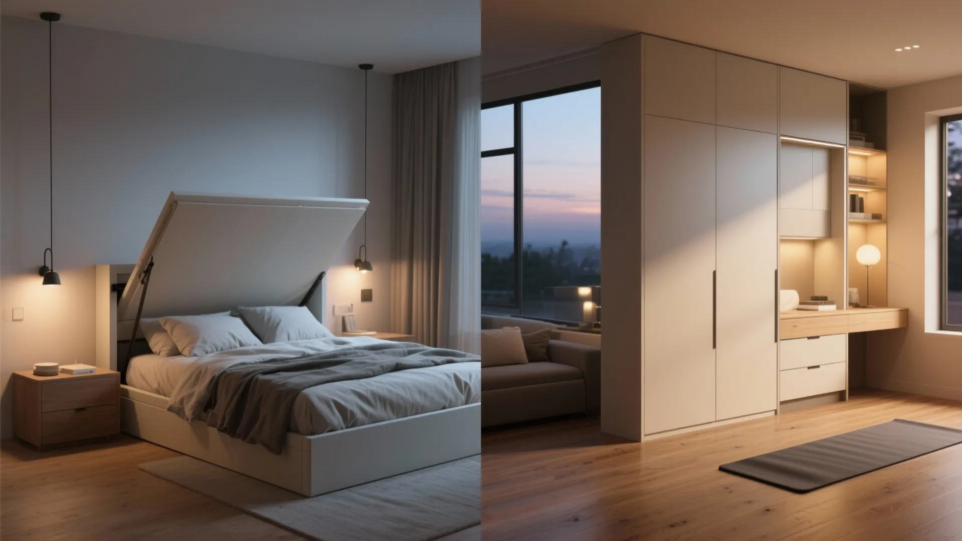 Comparison showing a wall bed opening and the same room converted into a neat office