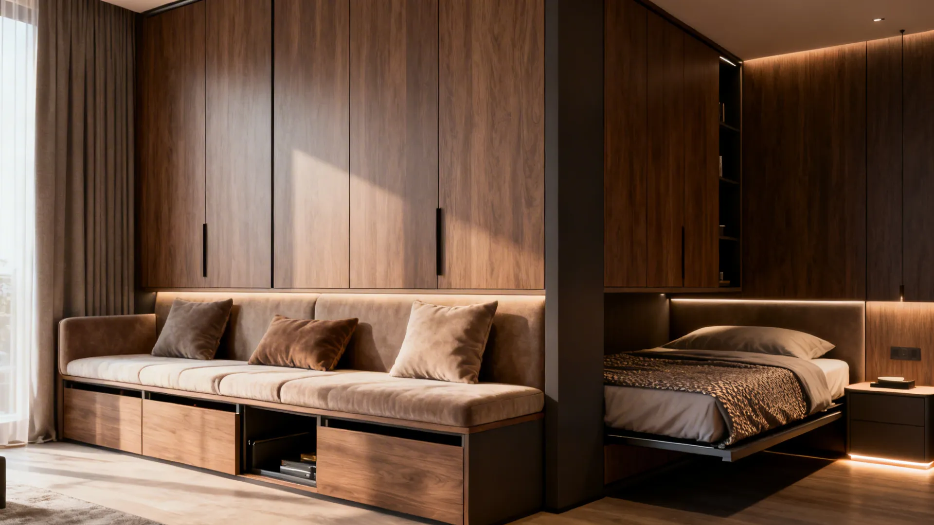 5. Custom built-in bench sofa with pull-down Murphy bed