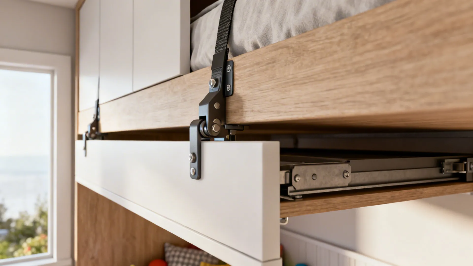 Fold-down upper bunk tucking into a shallow ceiling niche, illustrating open daytime layout