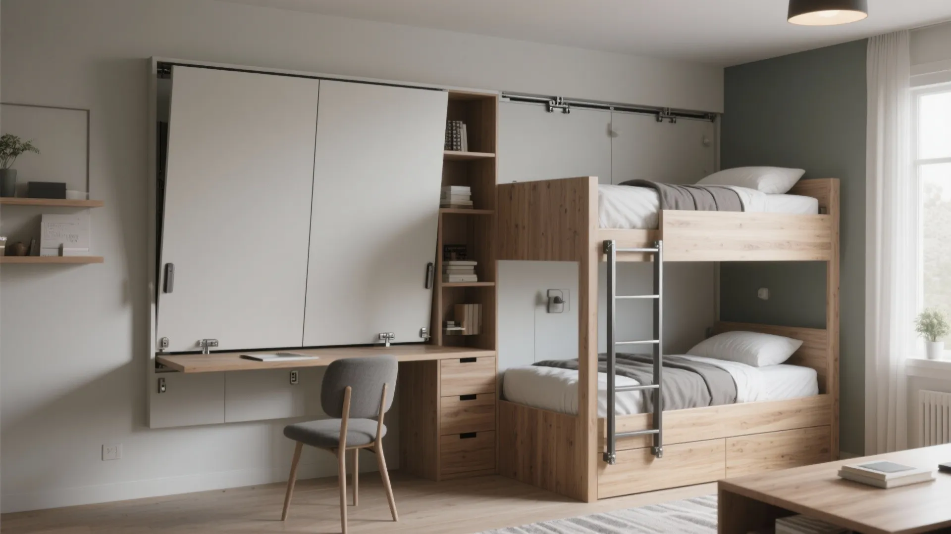 Murphy-style wall bunk bed folded flat as a wall unit on one side and deployed as bunks on the other.