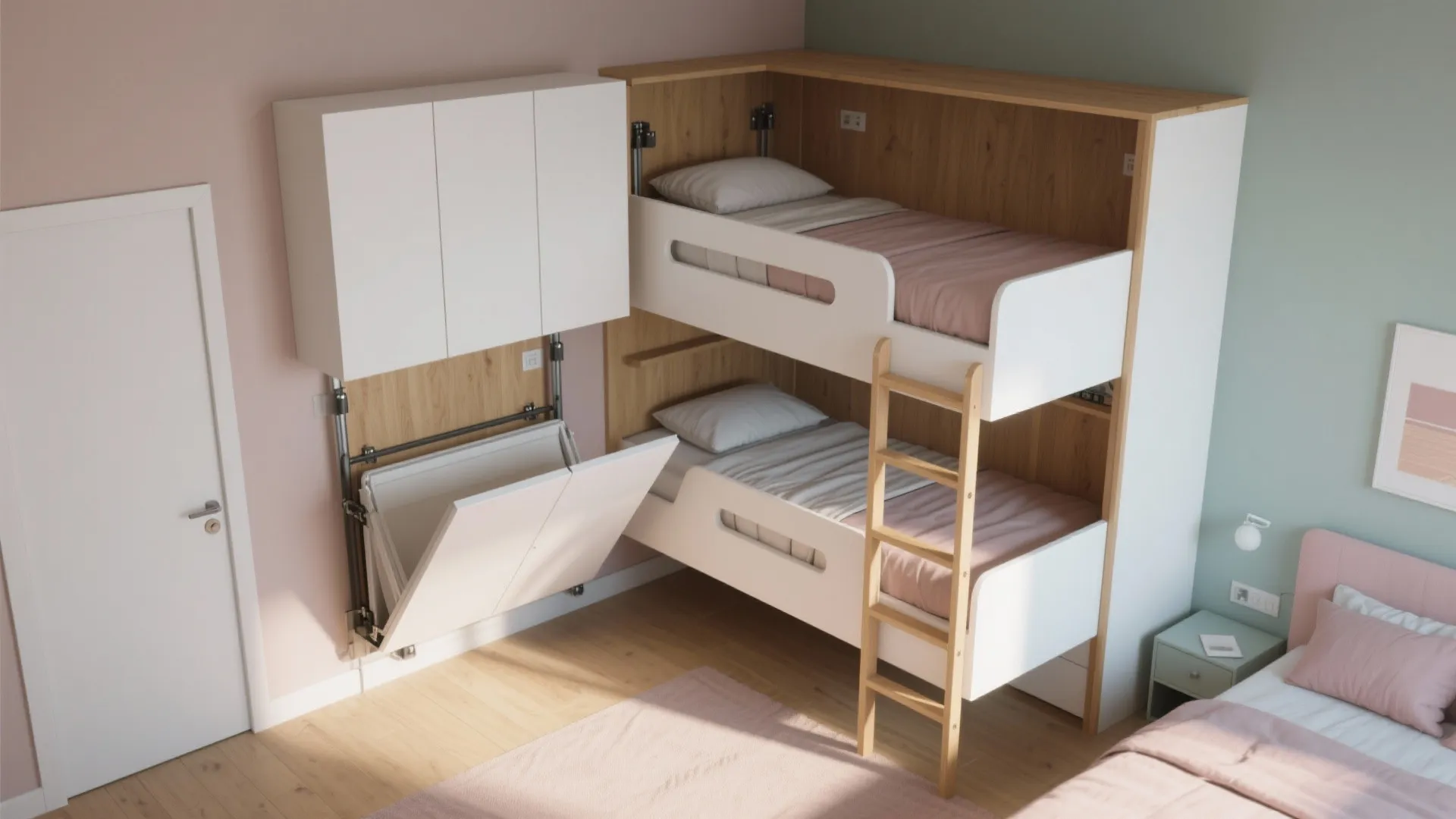 Space saving bedroom interior design featuring wall folding bunk beds and white wall mounted cabinet