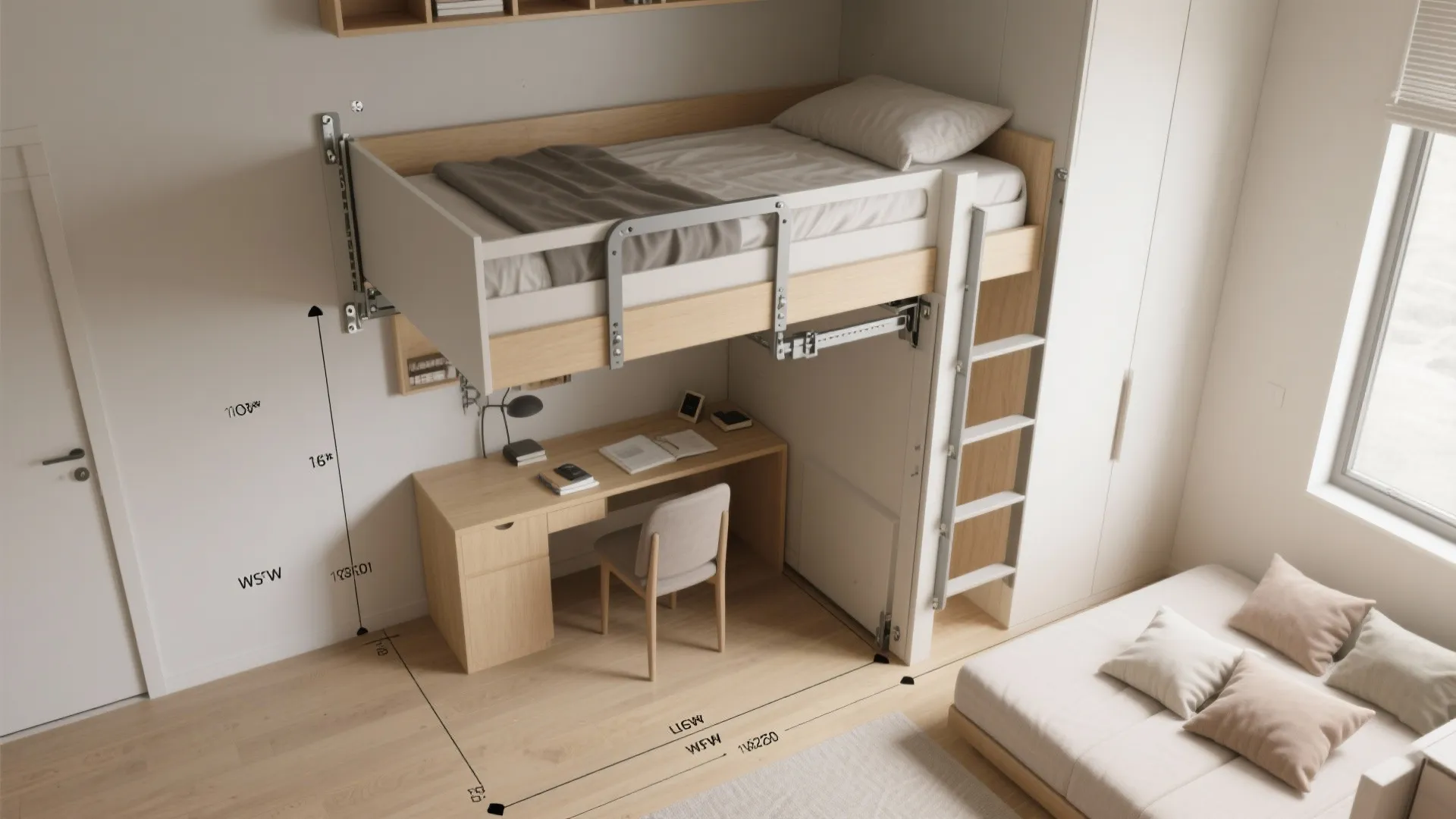 Top-down photorealistic view of a Murphy fold-down bunk bed folded into the wall to free floor space for a desk.
