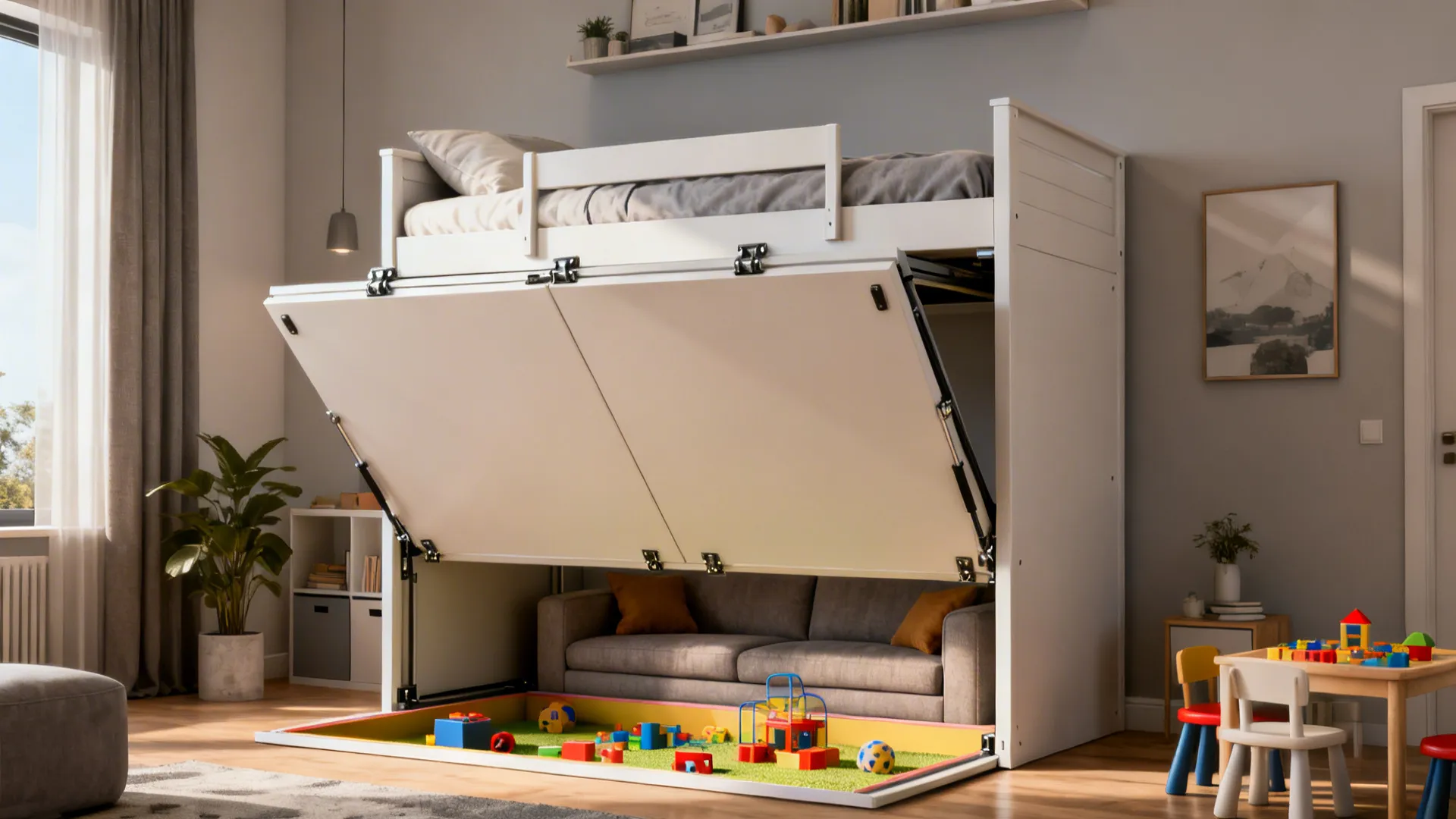 Murphy-style bunk bed folding away to create a sofa and play area in a small room.