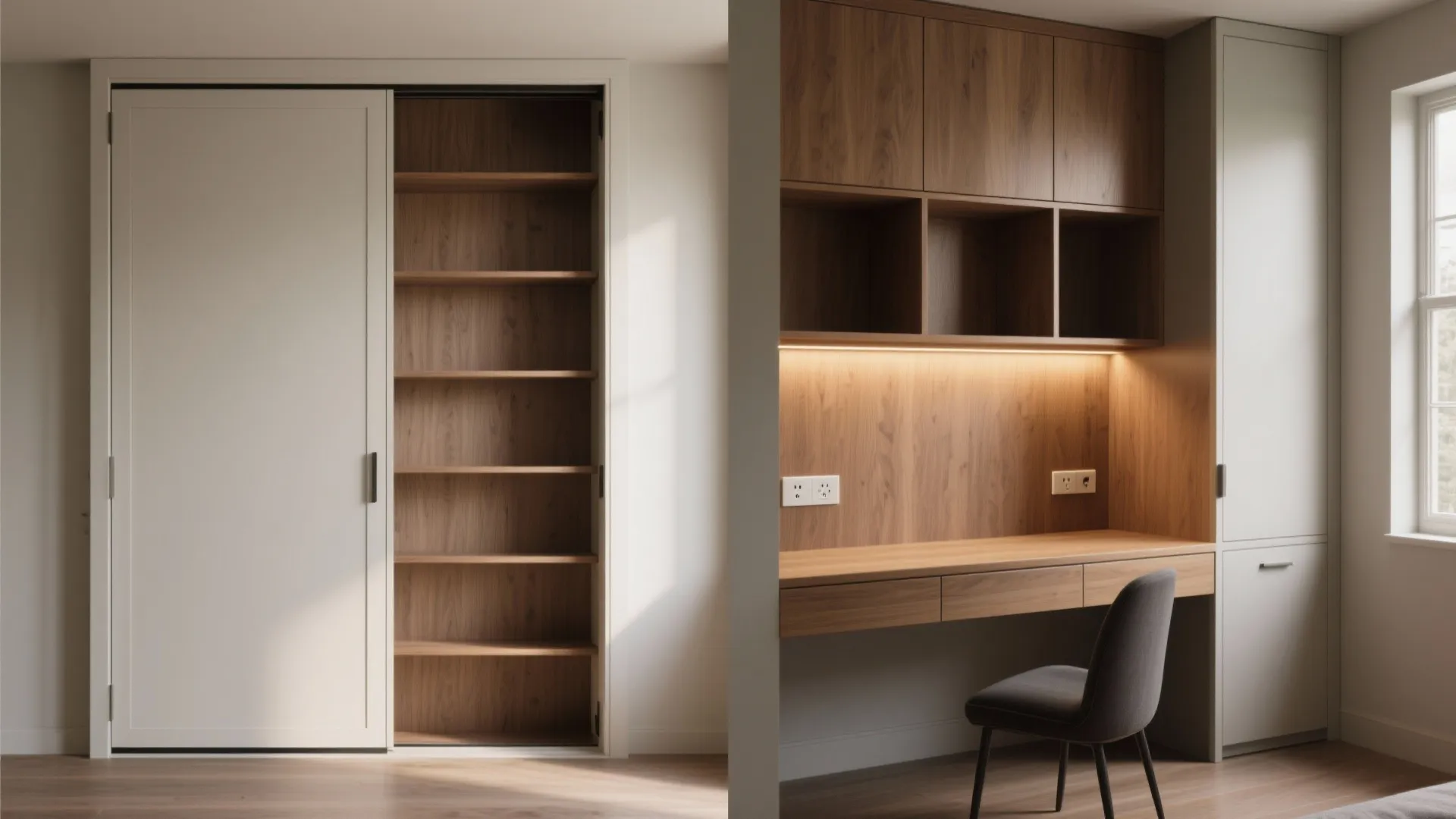 4. Murphy‑style cabinet desk integrated into shelving