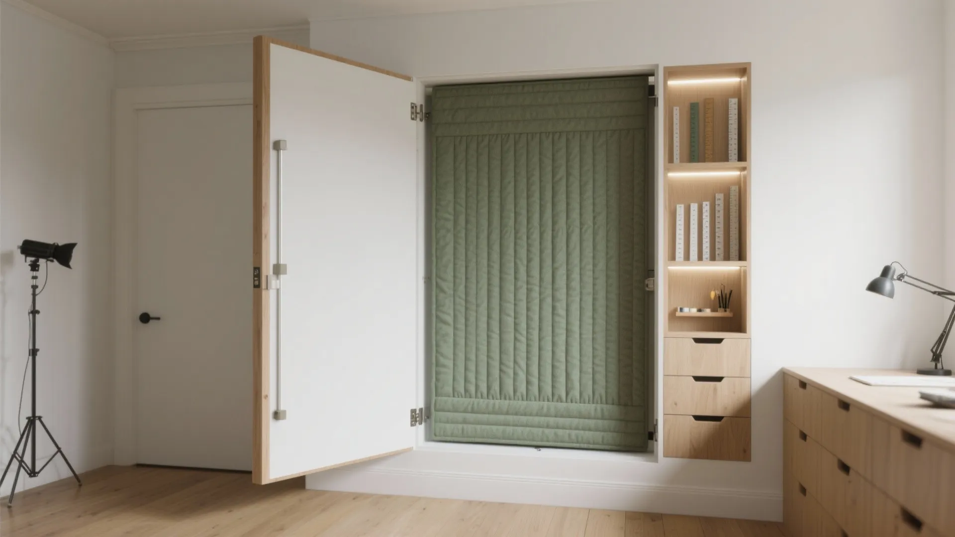 Modern home office featuring a wall cabinet with a hidden green bed and wooden shelving units