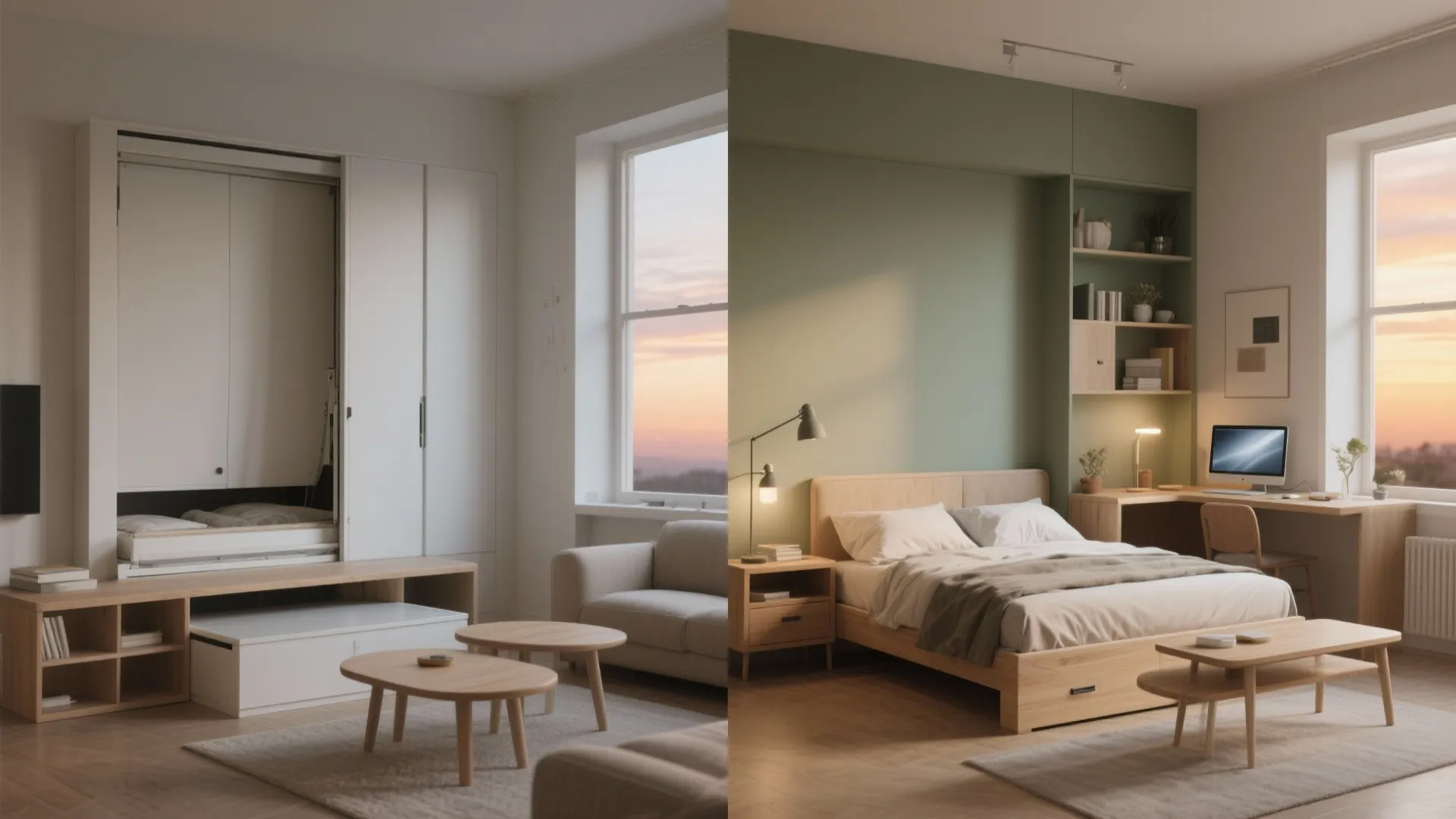 Before and after comparison of a hidden wall bed transforming into a full bedroom setup