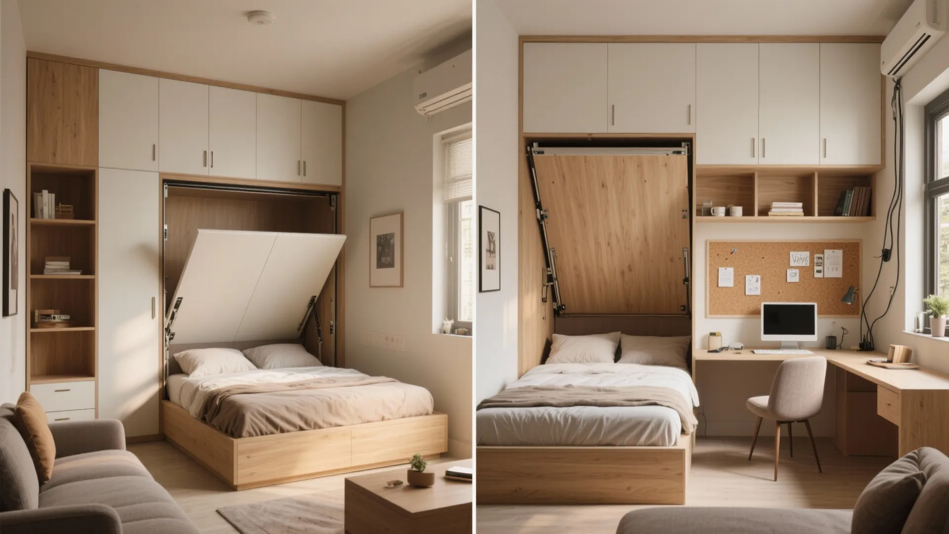 Convertible living–bedroom with fold-away furniture