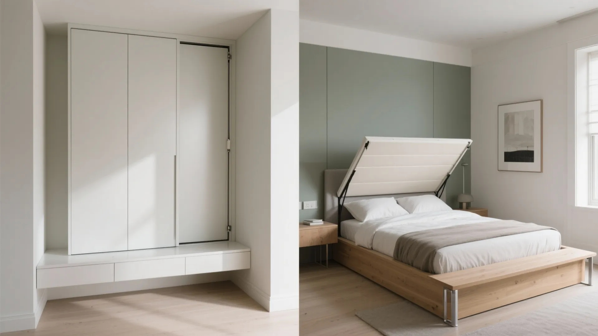 Side-by-side view showing a white wardrobe and a wooden bed with an adjustable lifting headboard
