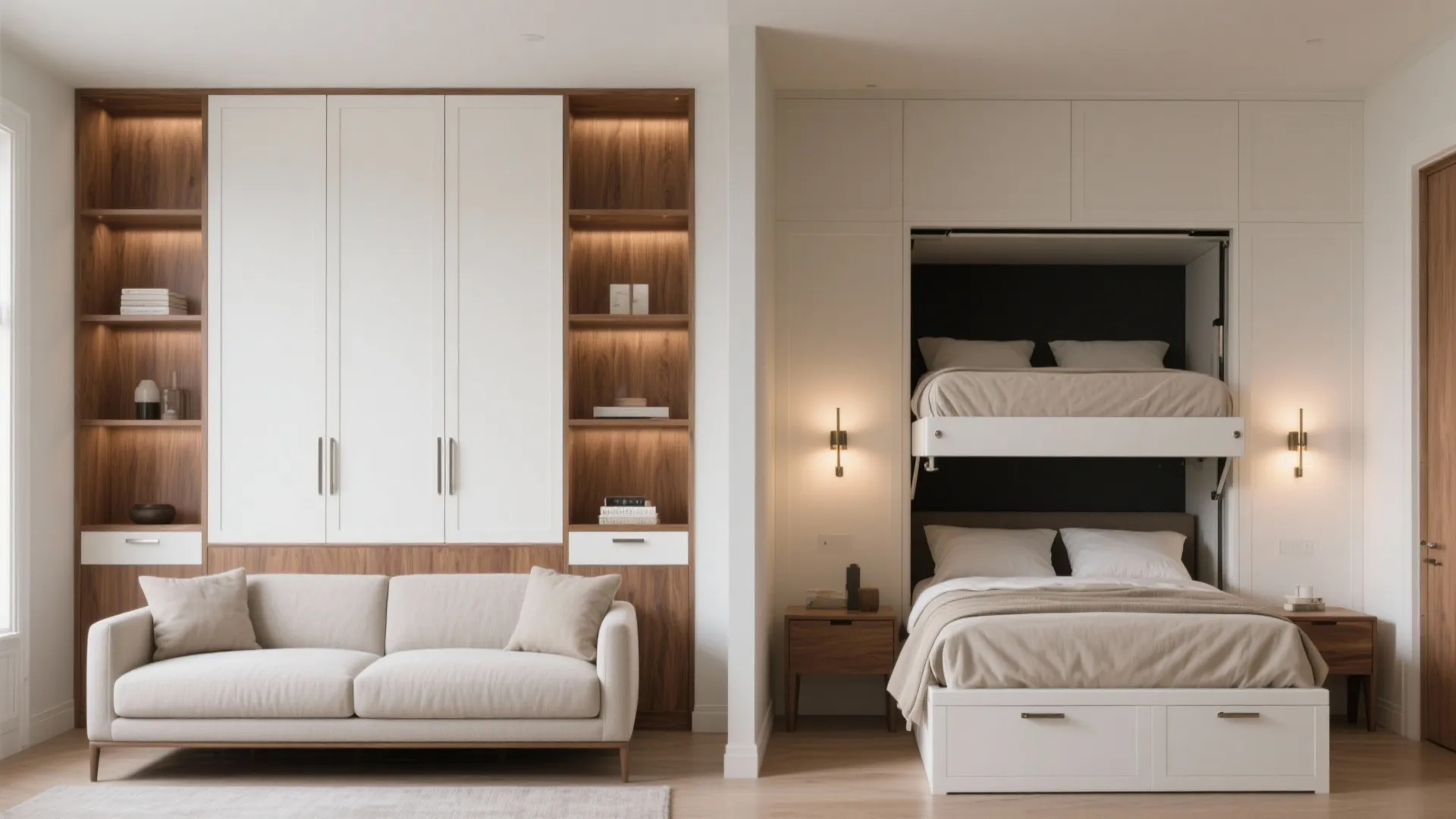 Living room with cream sofa and wall cabinets beside a pull down bunk bed area