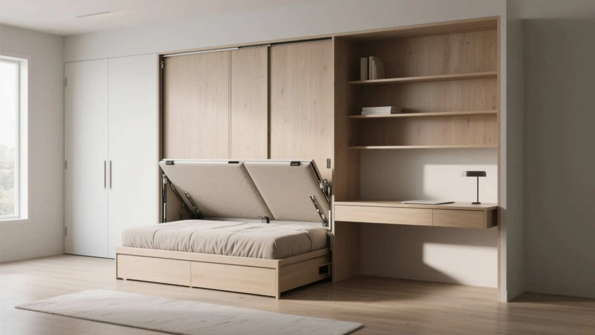 Modern wood wall bed unit with integrated desk shelves and a small sofa for home office