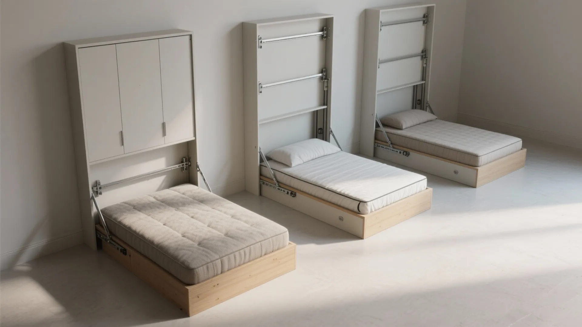 Three wall beds in different states of opening against a white wall in minimalist room