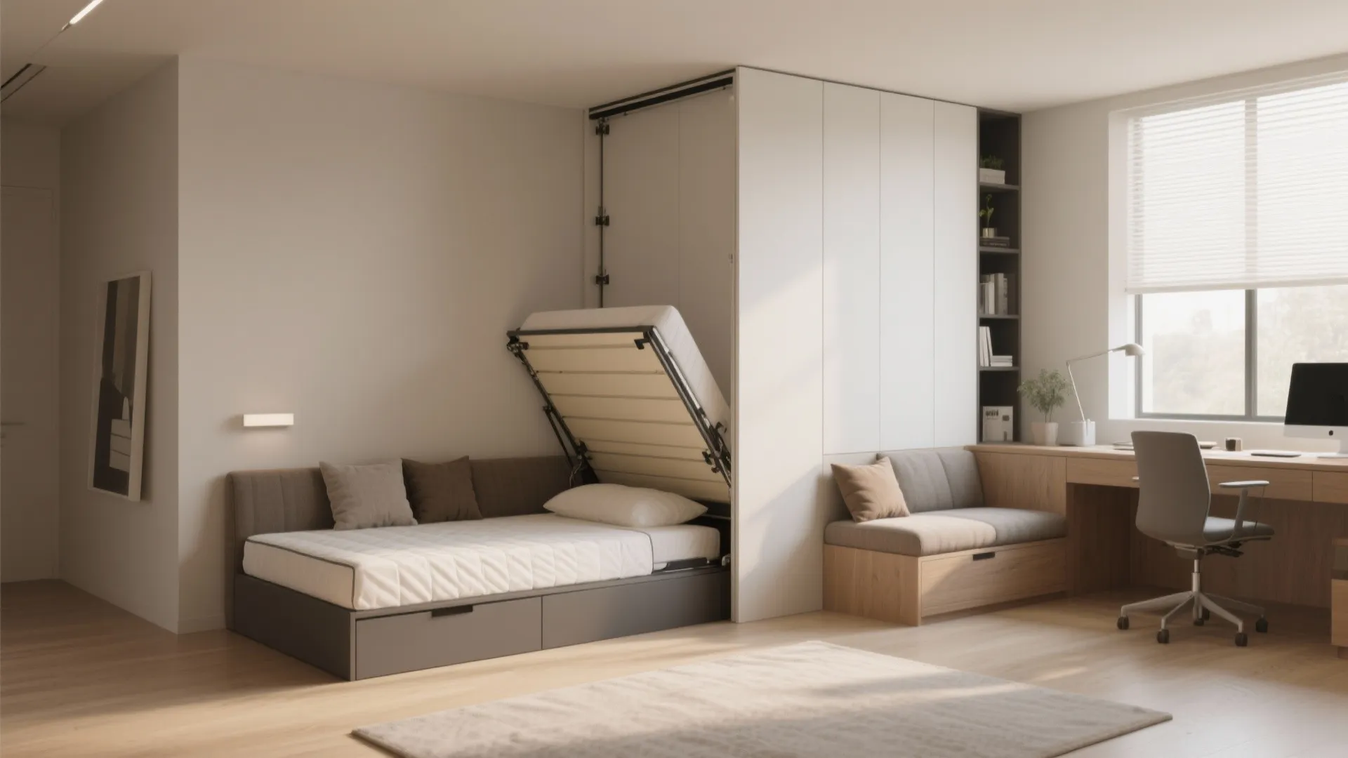 Functional small room with fold-down wall bed wooden desk grey chair white cabinet and window