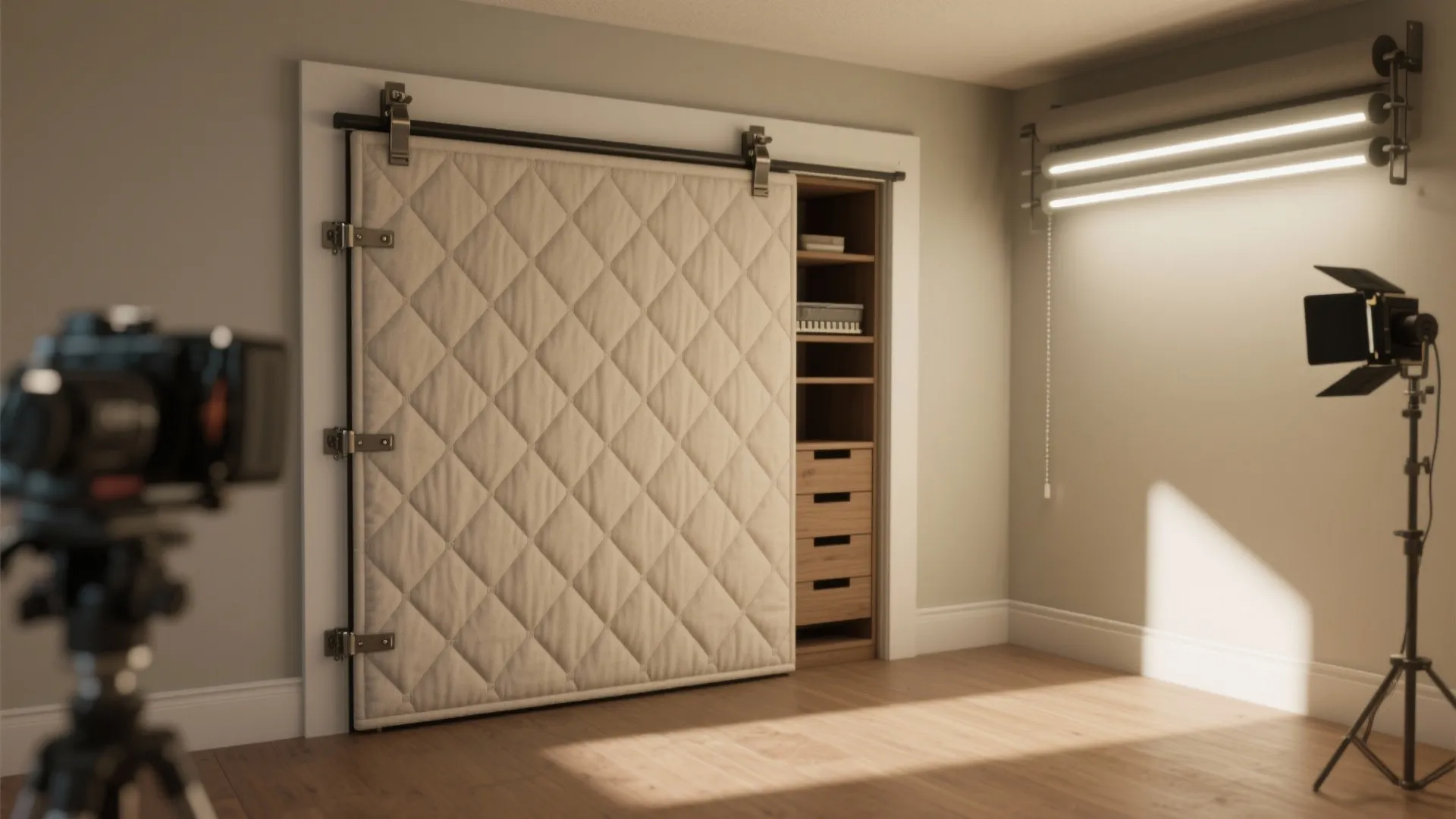 Sliding quilted wall panel door reveals hidden wooden storage cabinet with shelves and small camera equipment