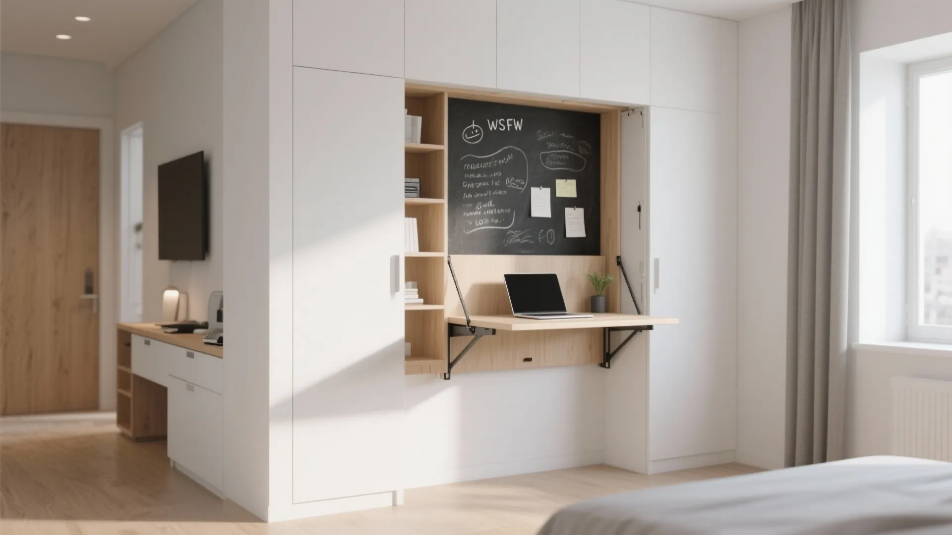 Modern white wall cabinet with a fold down wooden desk laptop and small black chalkboard