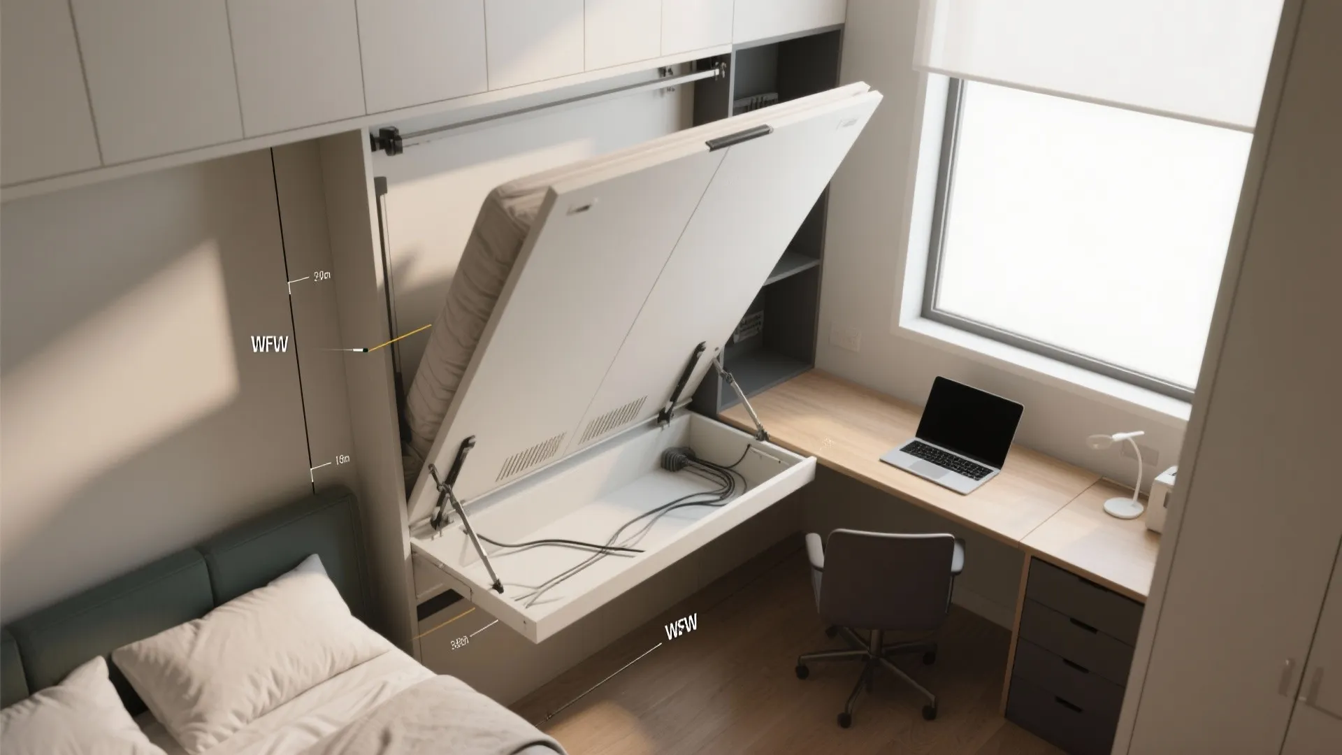 Wall-mounted Murphy bed folded up with an integrated fold-down desk and clear swing-path markings.