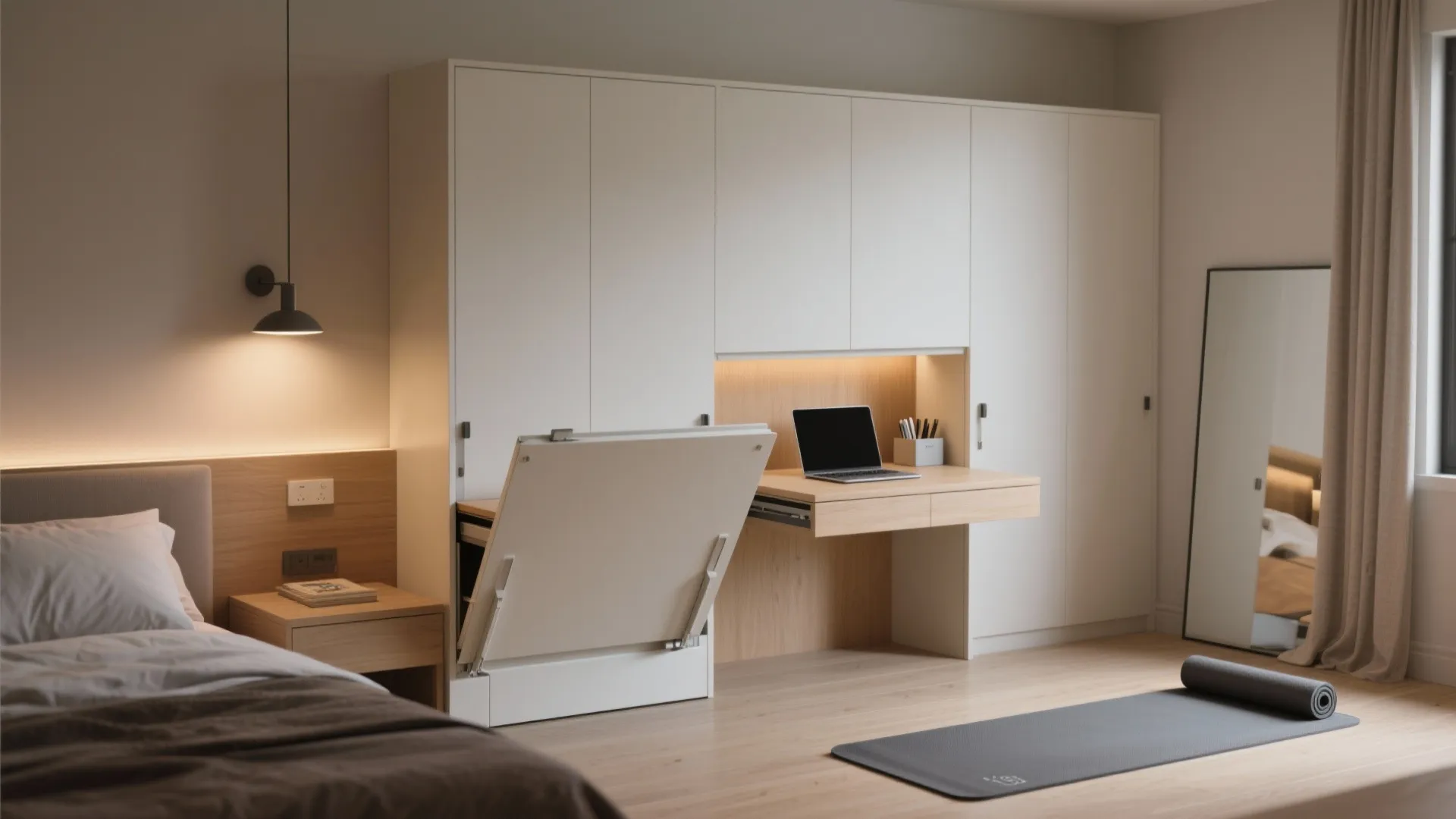 Modern bedroom featuring a white wall cabinet with integrated fold down desk and laptop setup