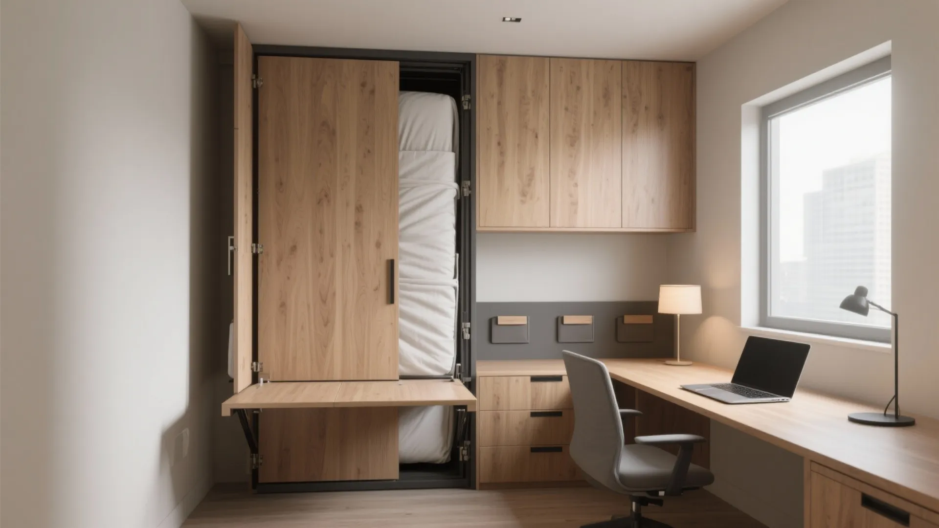1. Murphy bed + fold-down desk — hide the overnight life