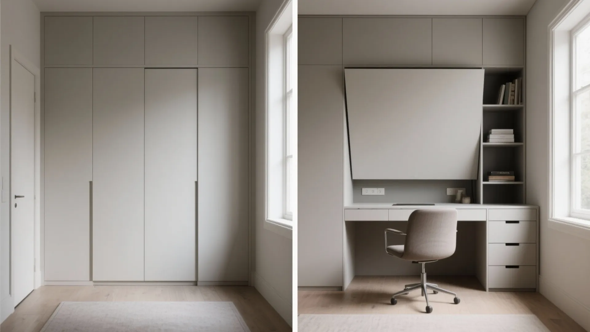 Before and after view of a Murphy unit: closed wall panel and folded-down desk with integrated storage in a small room.