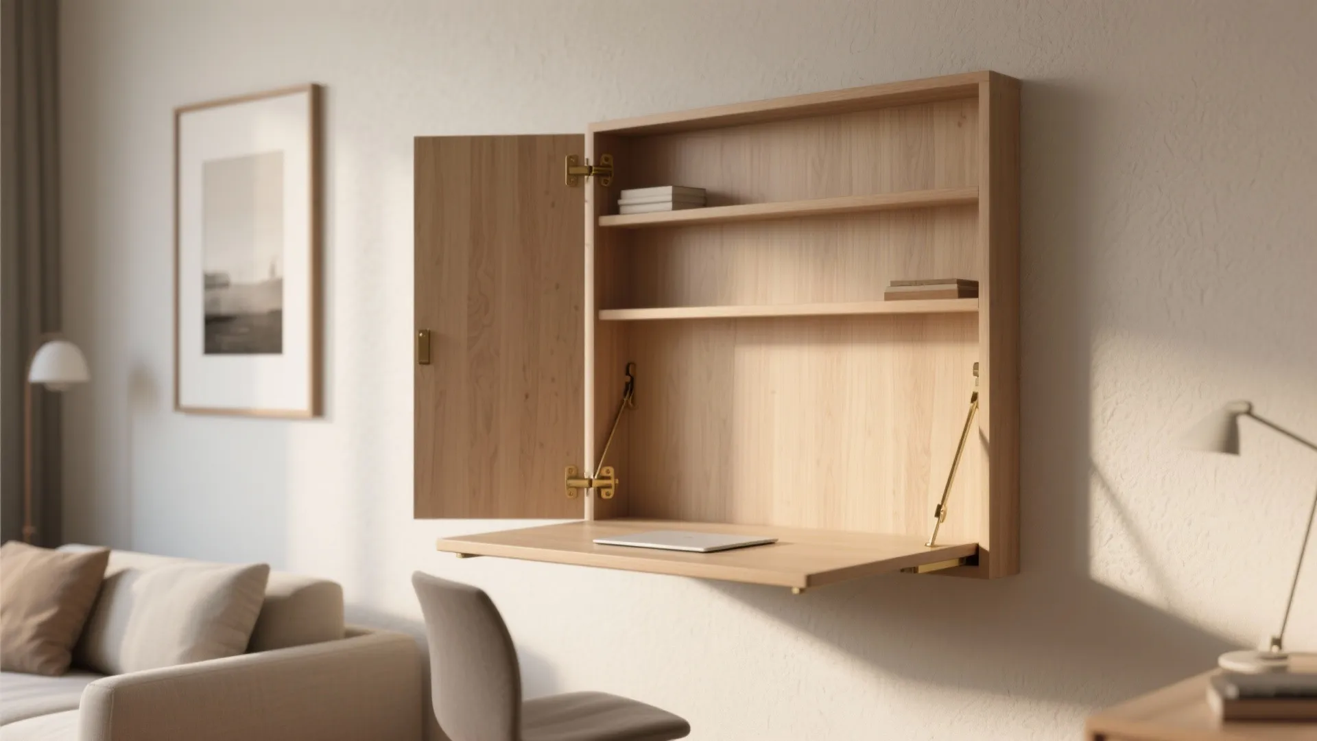 1. Wall-mounted fold-down desk (Murphy-style)