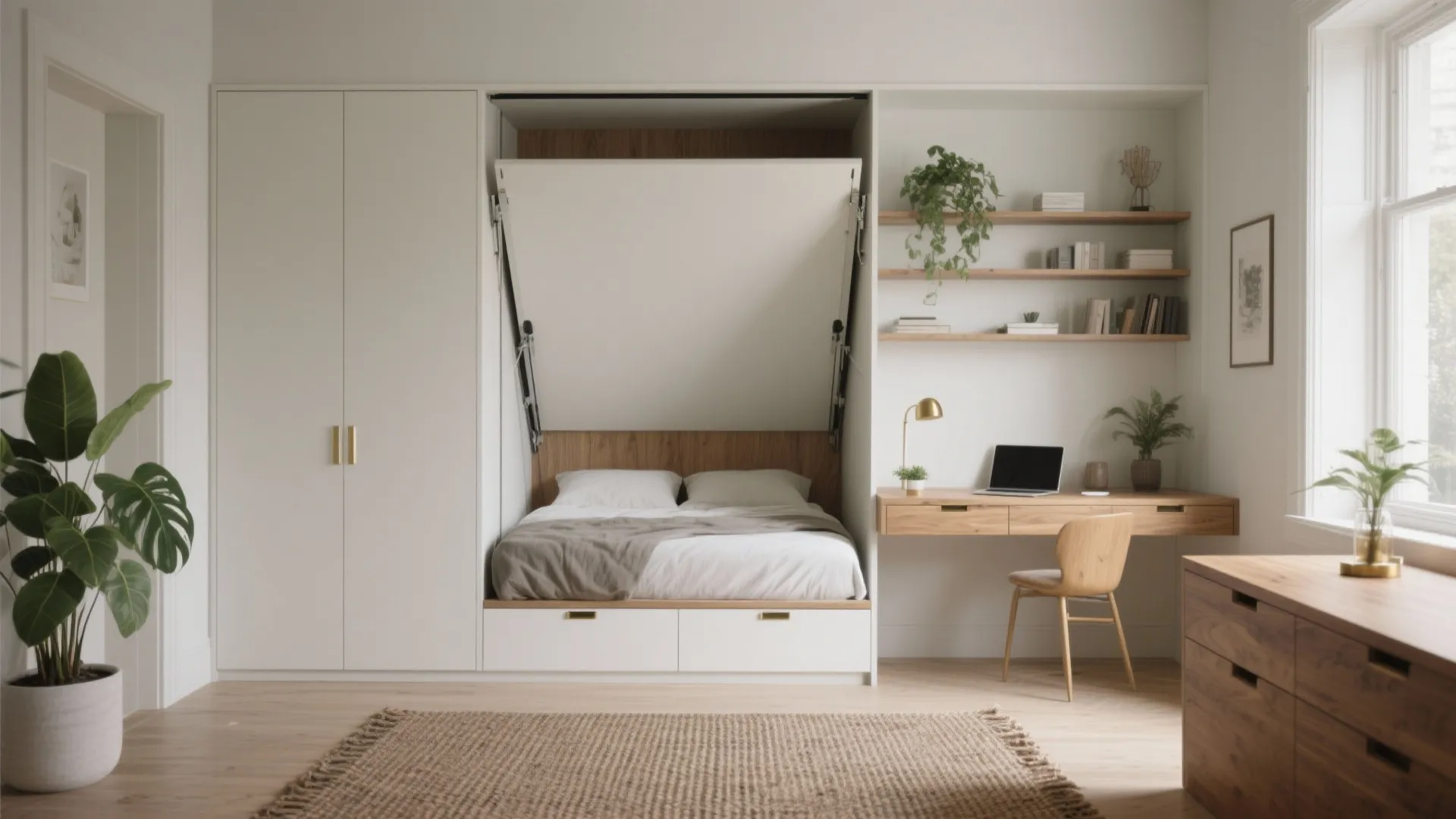Functional white wall bed unit with wooden desk and chair beside a window in bright bedroom