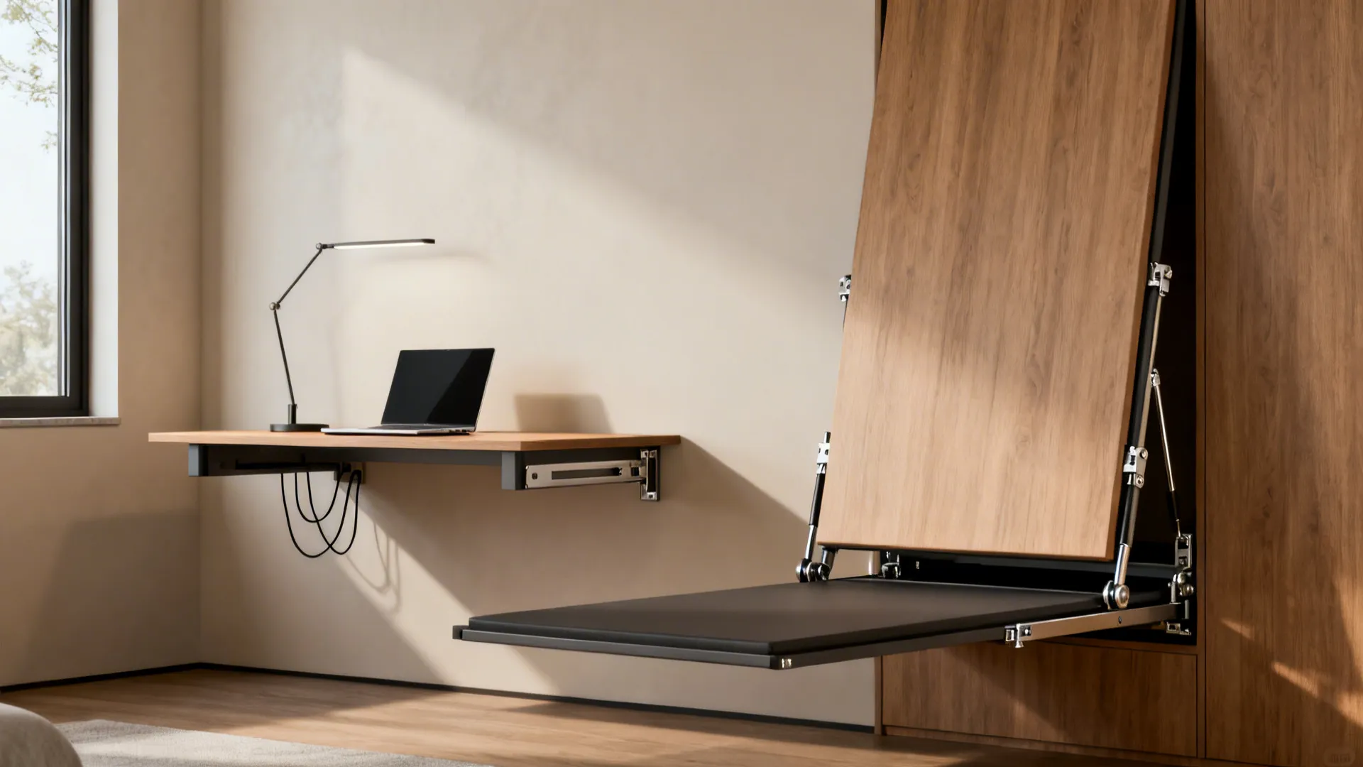 Wall mounted folding wooden desk with laptop and lamp in bright sunlit minimalist study room