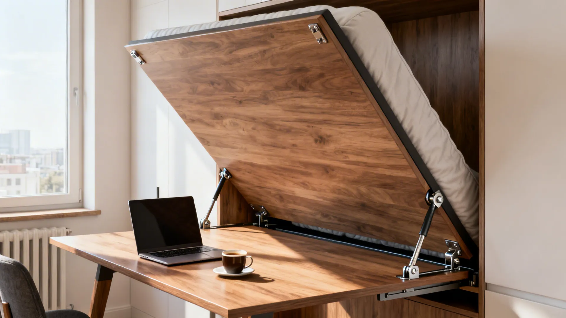 Murphy bed folded into a sturdy desk, showing hardware and daytime workspace setup.